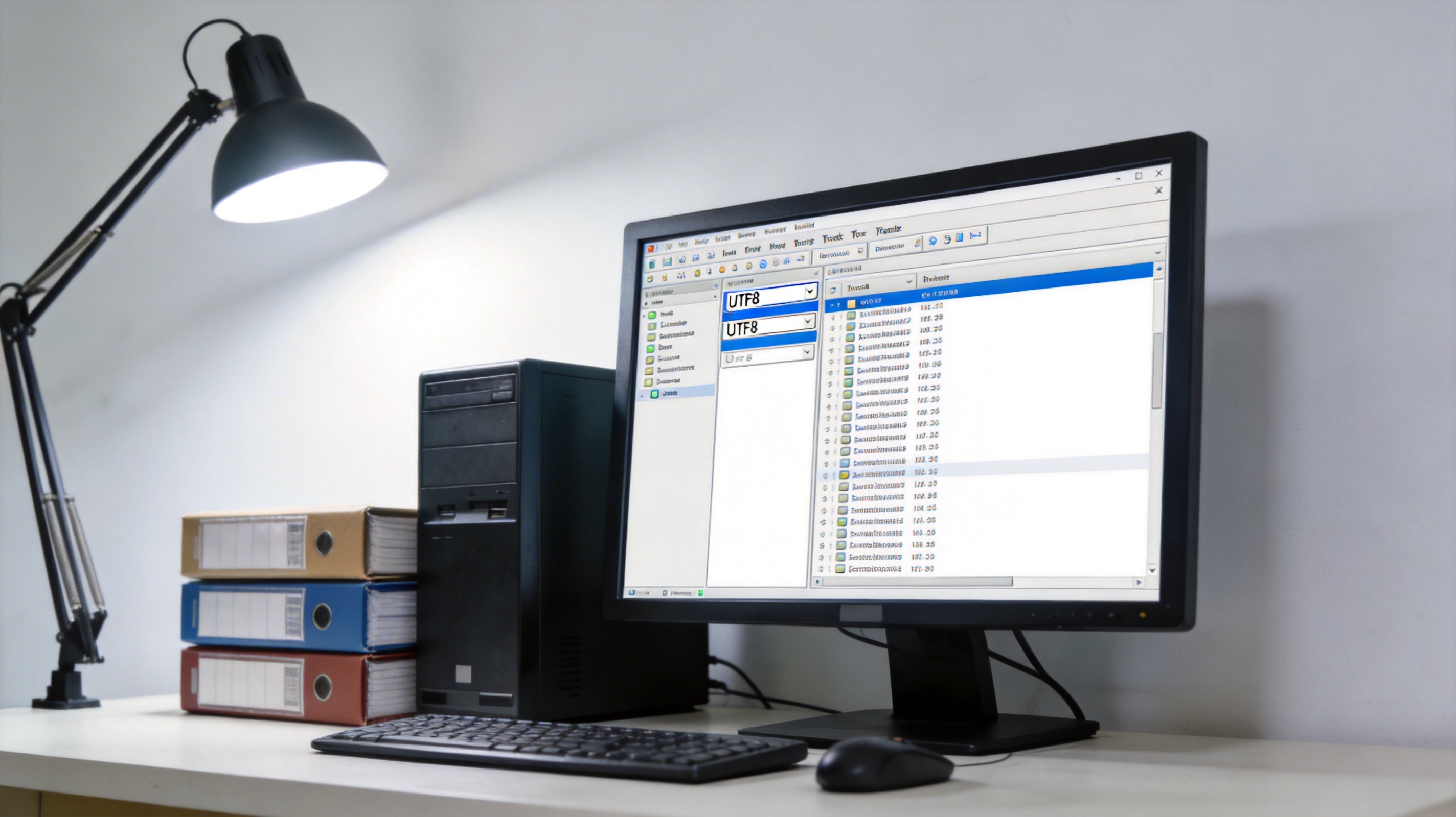 台式机电脑桌，屏幕显示多格式兼容解压缩软件的编码设置界面，选项里有UTF8选项，主机旁堆着几个压缩文件盒，台灯冷光