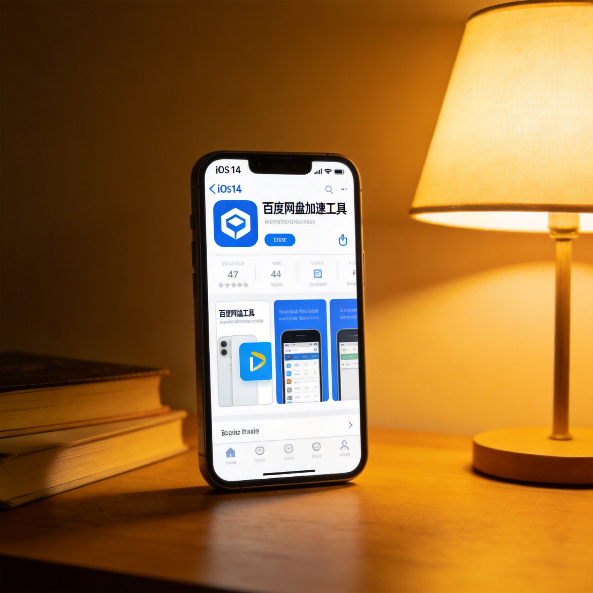 书桌的智能手机，屏幕显示iOS14系统的应用商店界面，页面停留在百度网盘加速工具下载页，台灯暖光