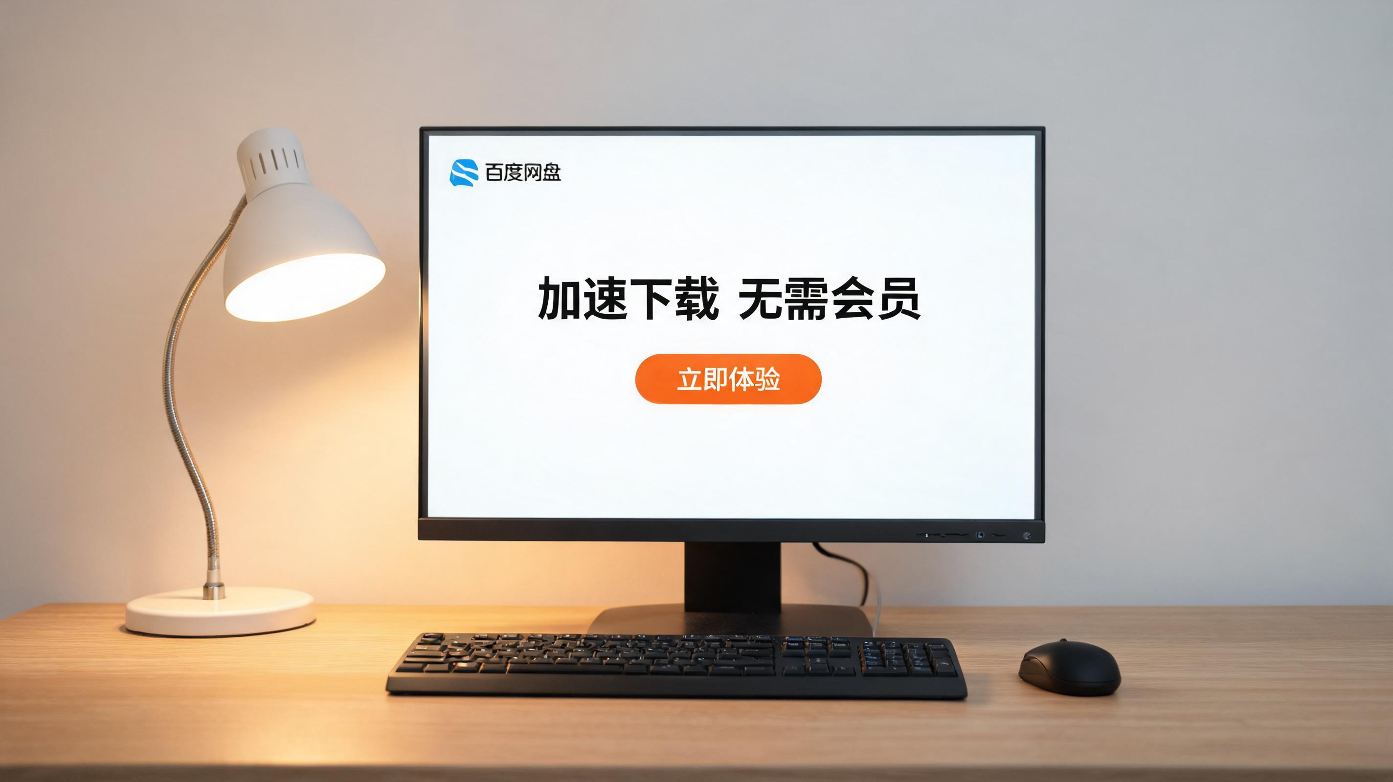电脑桌上的电脑，屏幕显示百度网盘加速下载无需会员界面，旁边放着台灯