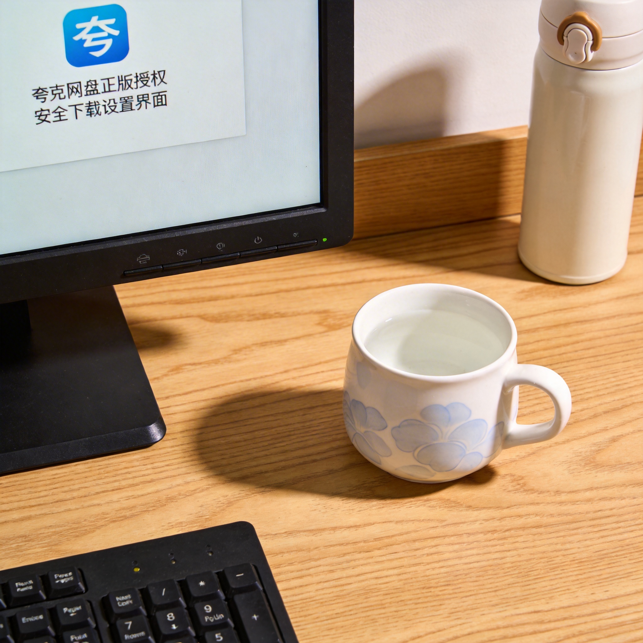 书桌上的主机，屏幕显示夸克网盘正版授权安全下载设置界面，桌角放着水杯，自然光