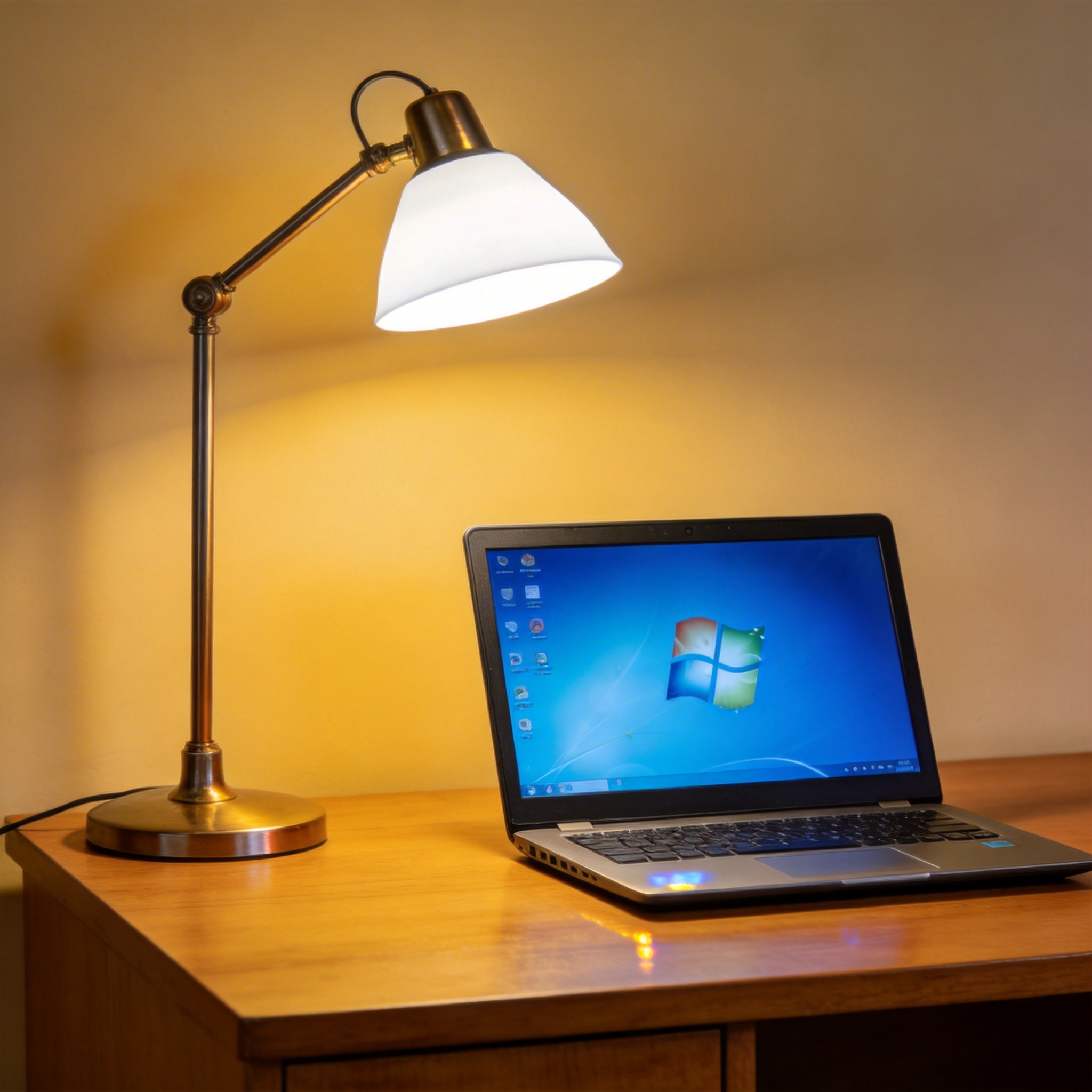 电脑桌上的电脑，屏幕显示Windows界面，旁边放着台灯
