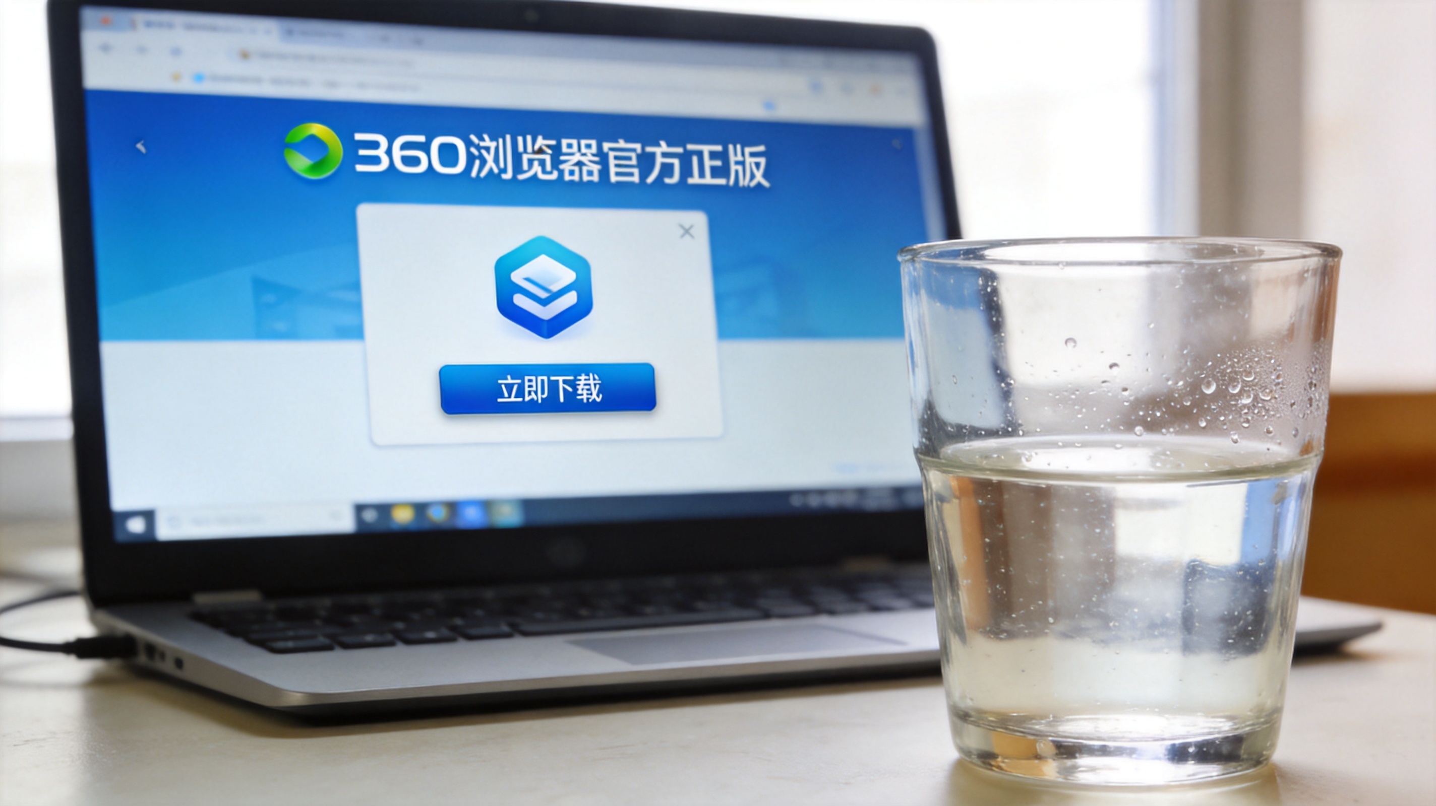 电脑桌面，屏幕显示360浏览器官方正版的下载页面，页面上有明显的下载入口，桌面放着半杯凉白开，室内自然光