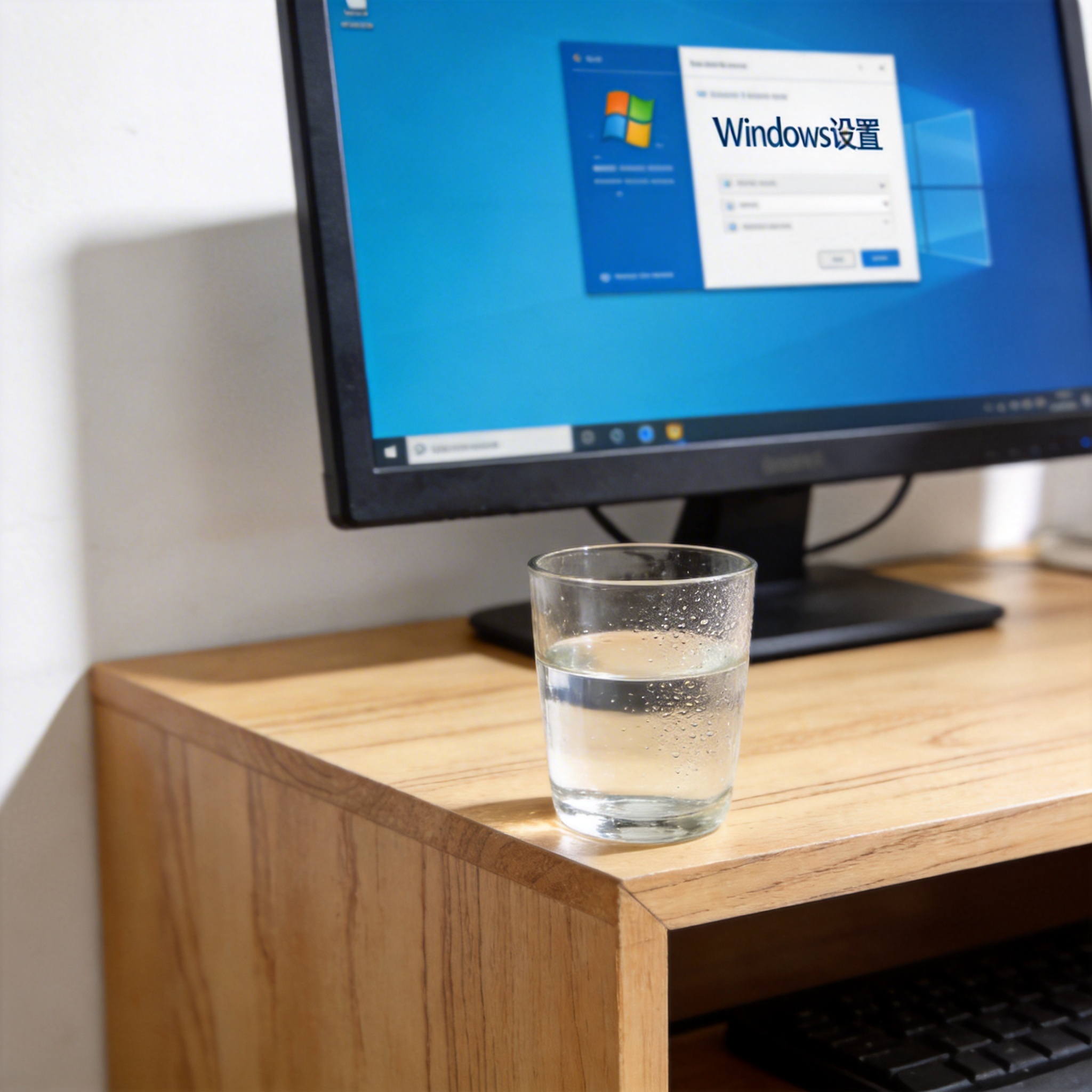 书桌上的电脑，屏幕显示Windows设置界面，桌角放着水杯，自然光