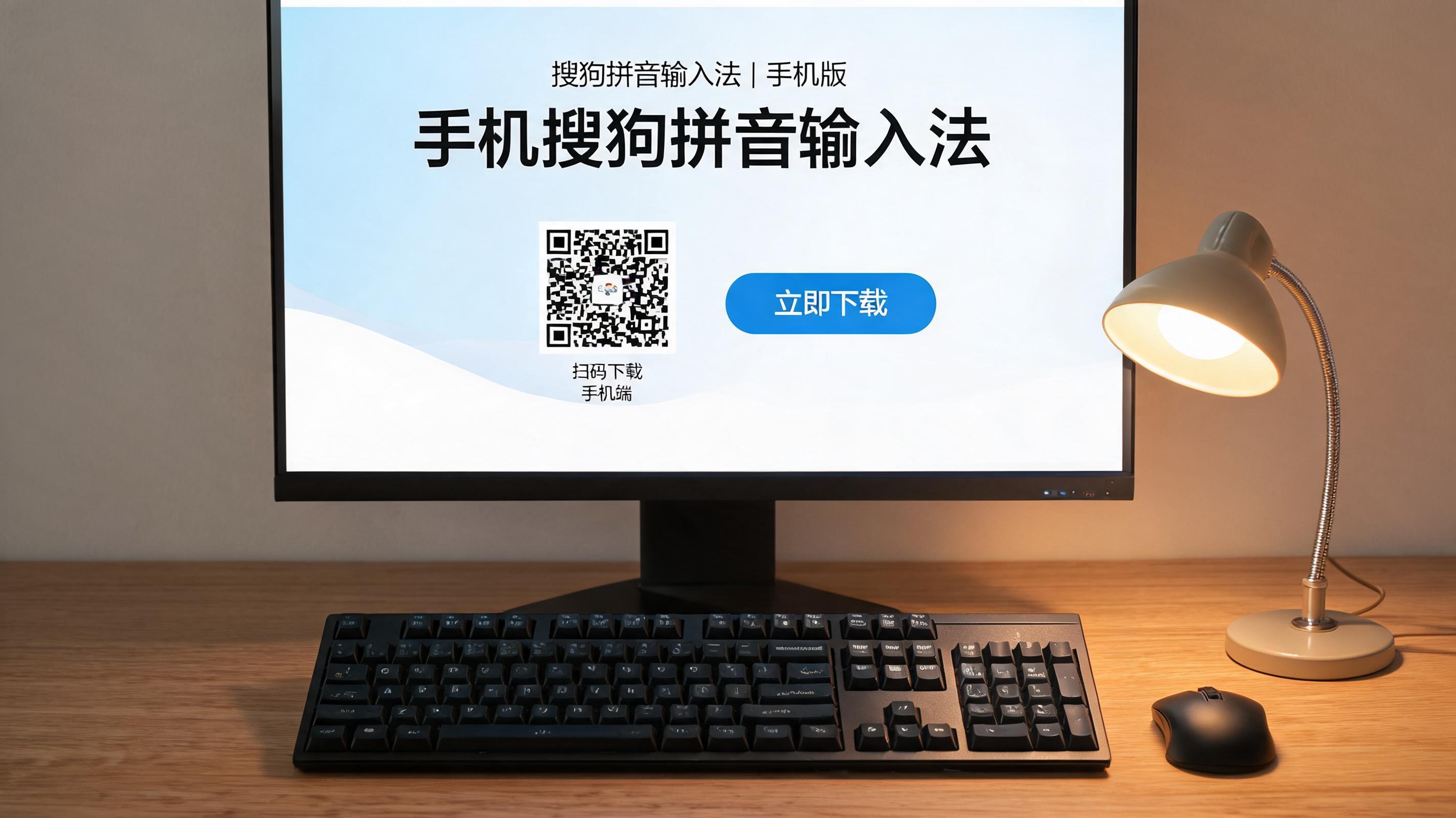 电脑桌上的键盘，屏幕显示手机搜狗拼音输入法下载界面，旁边放着台灯
