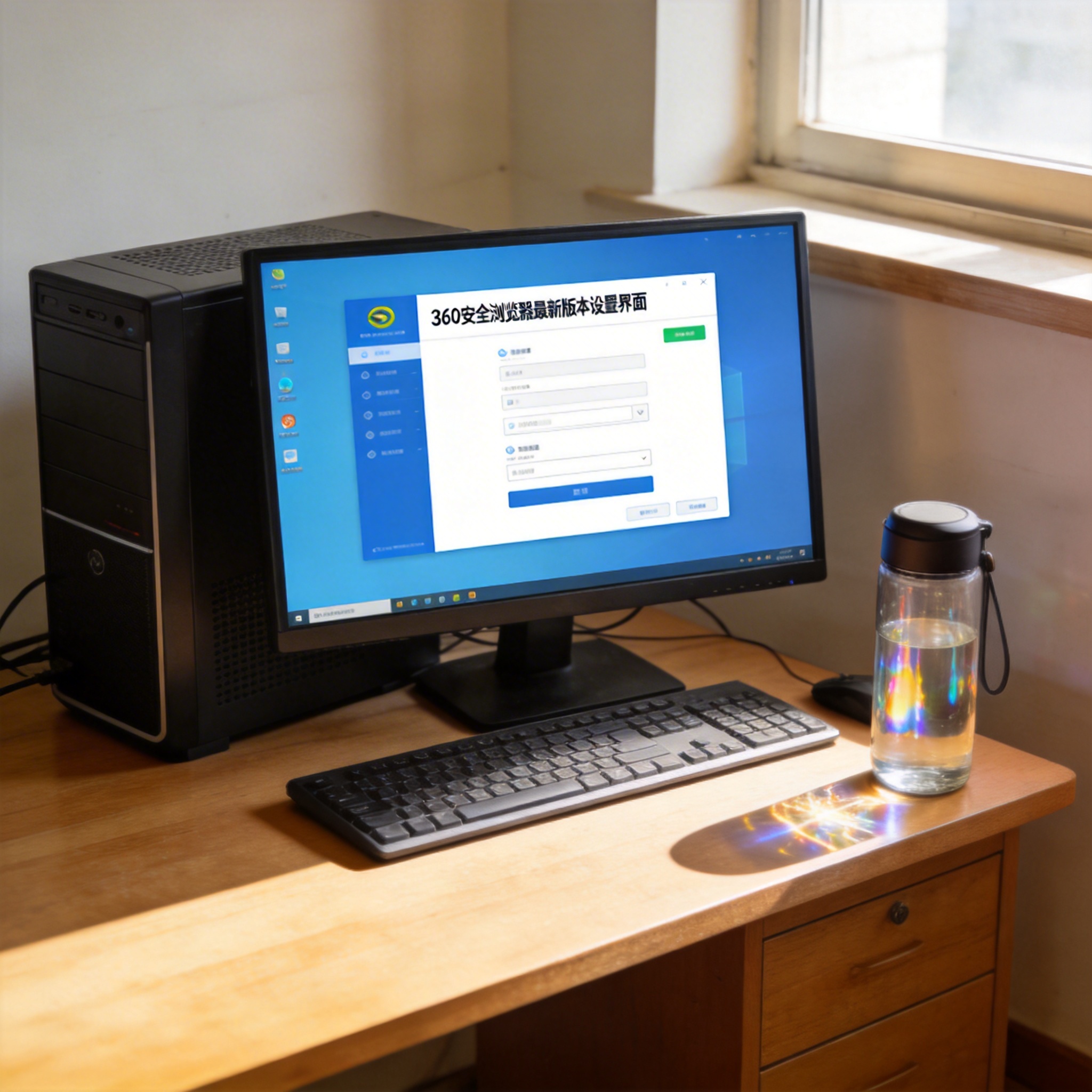 书桌上的主机，屏幕显示360 安全浏览器最新版本设置界面，桌角放着水杯，自然光