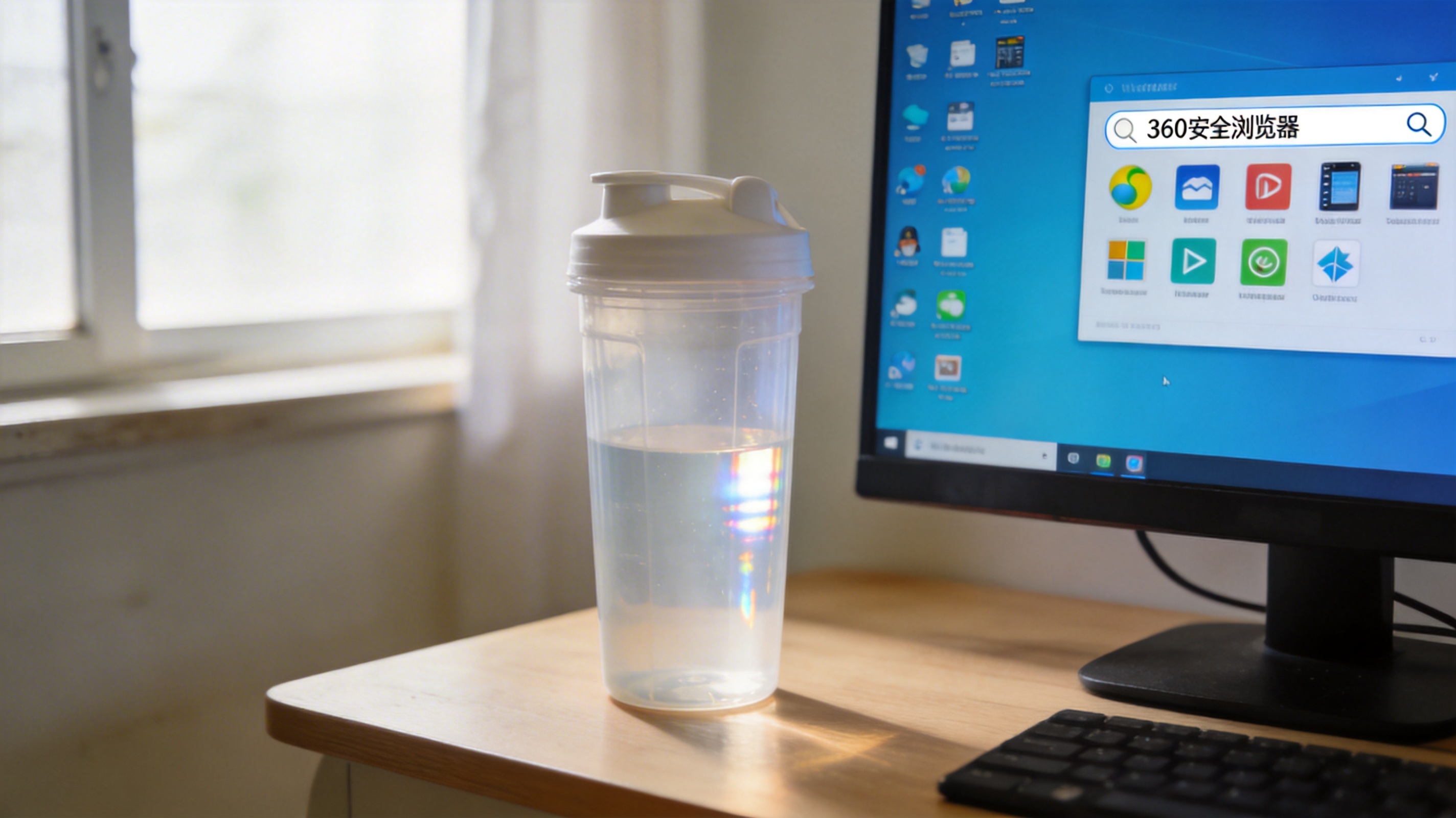 电脑桌面，屏幕显示Windows系统的微软商店界面，搜索框里有“360安全浏览器”字样，旁边放着半透明塑料水杯，室内自然光
