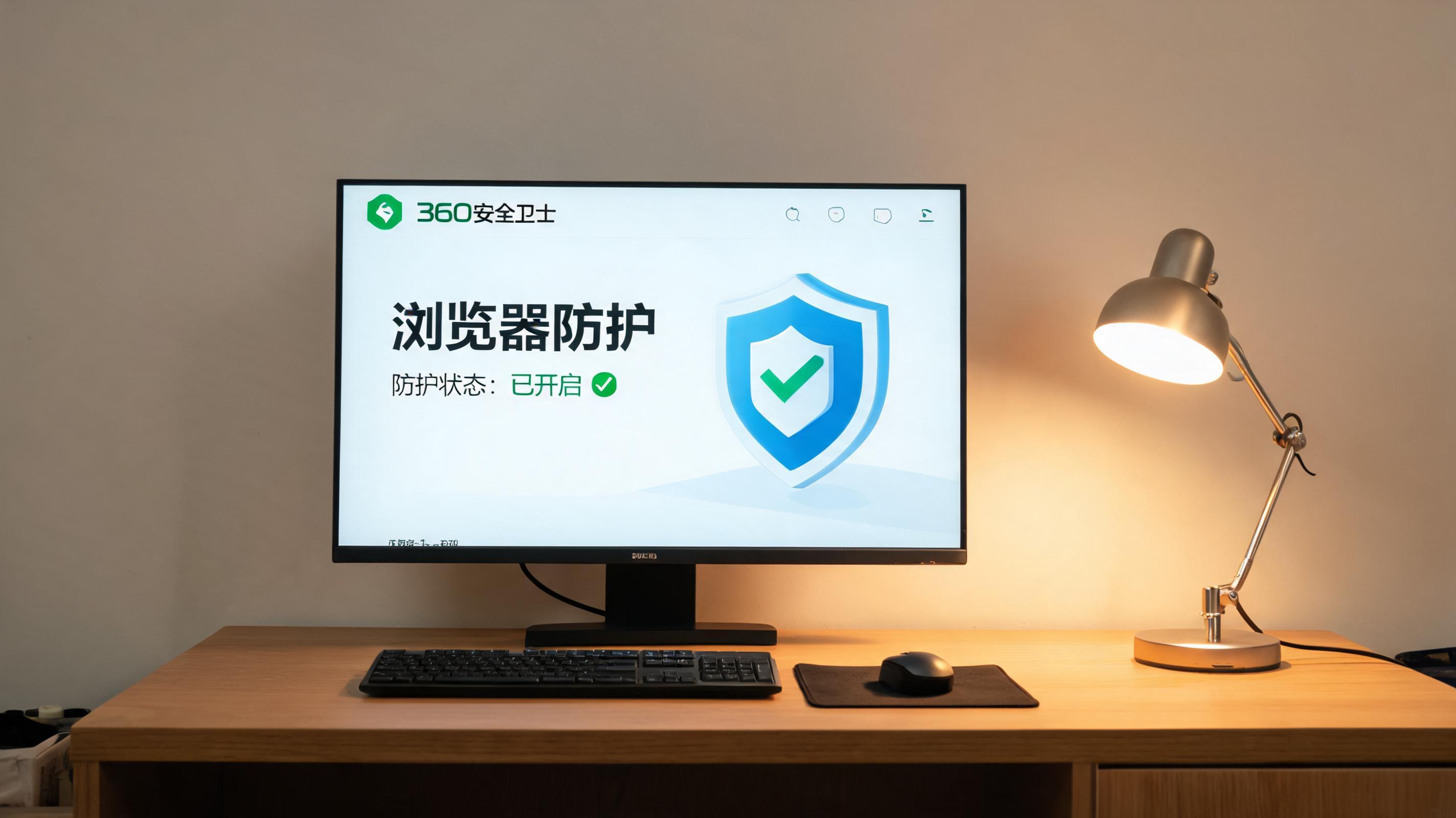 电脑桌上的电脑，屏幕显示360 卫士浏览器防护功能界面，旁边放着台灯