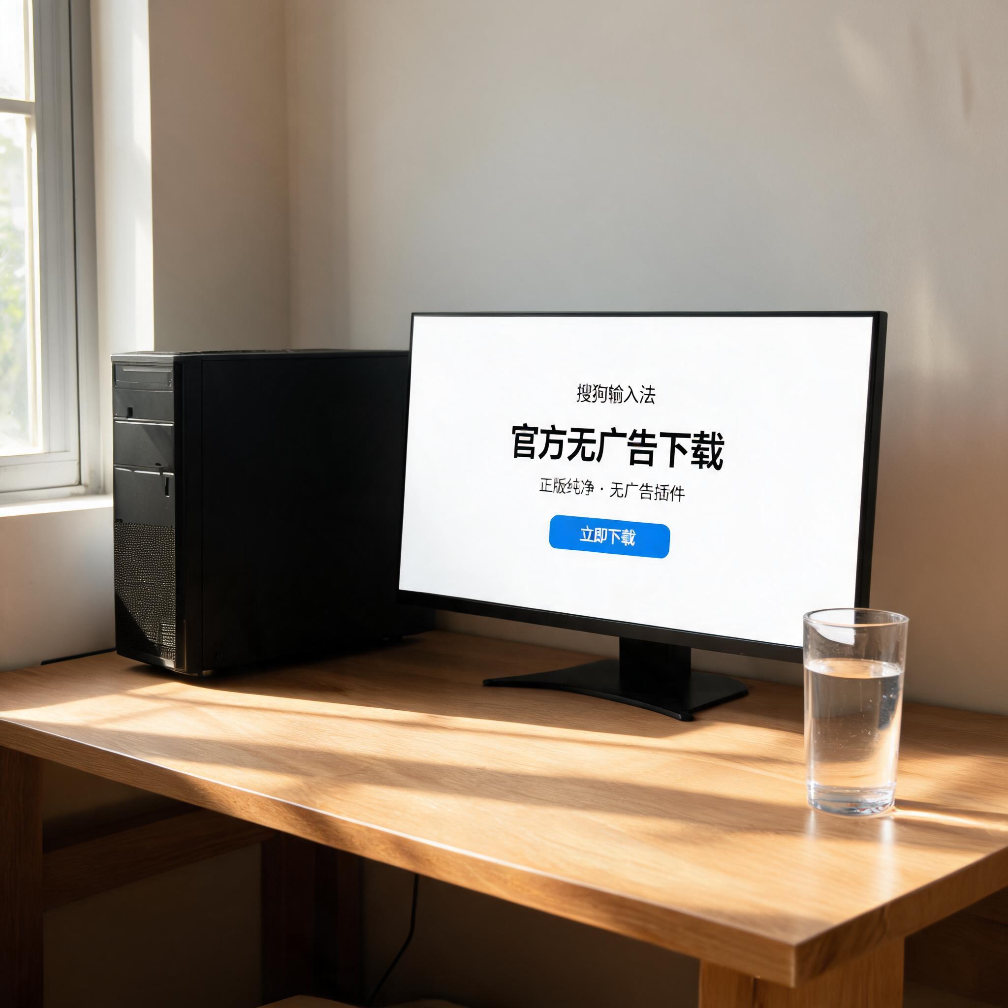 书桌上的主机，屏幕显示搜狗输入法无广告官方下载设置界面，桌角放着水杯，自然光