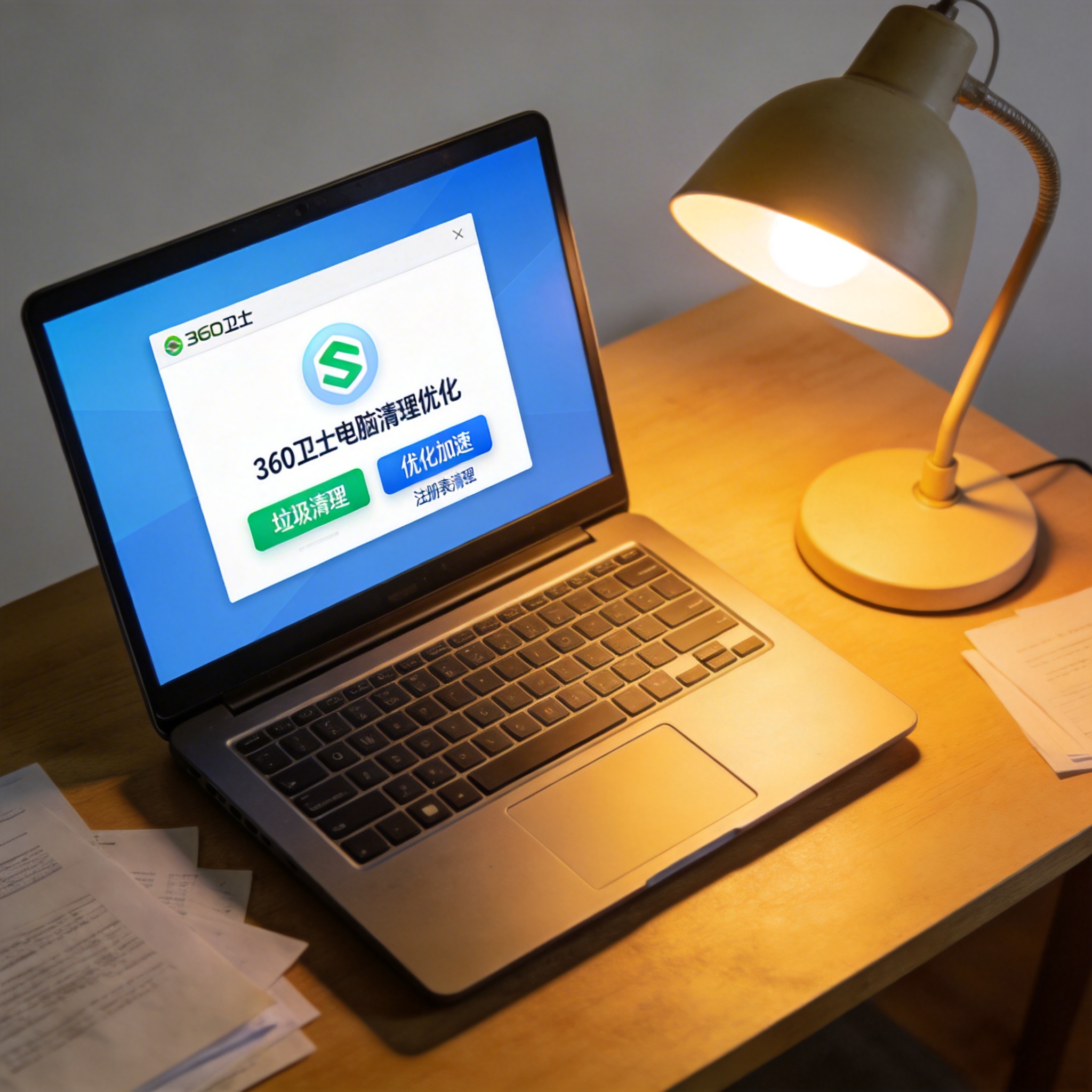 电脑桌上的笔记本，屏幕显示360 卫士电脑清理优化界面，旁边放着台灯