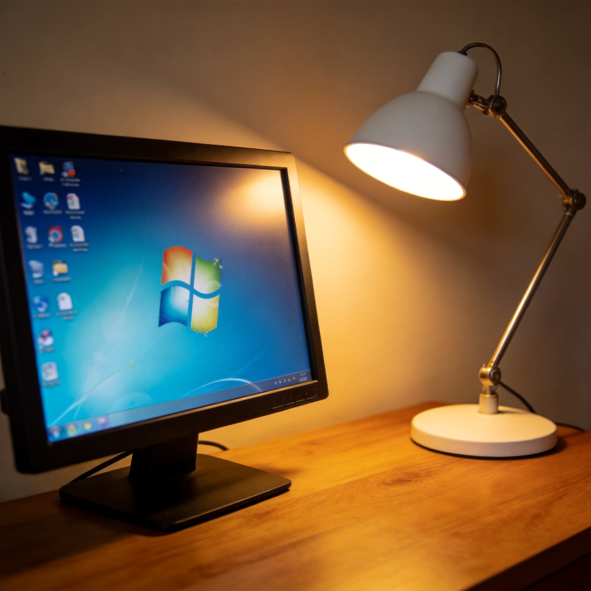 电脑桌上的电脑，屏幕显示Windows桌面，旁边放着台灯