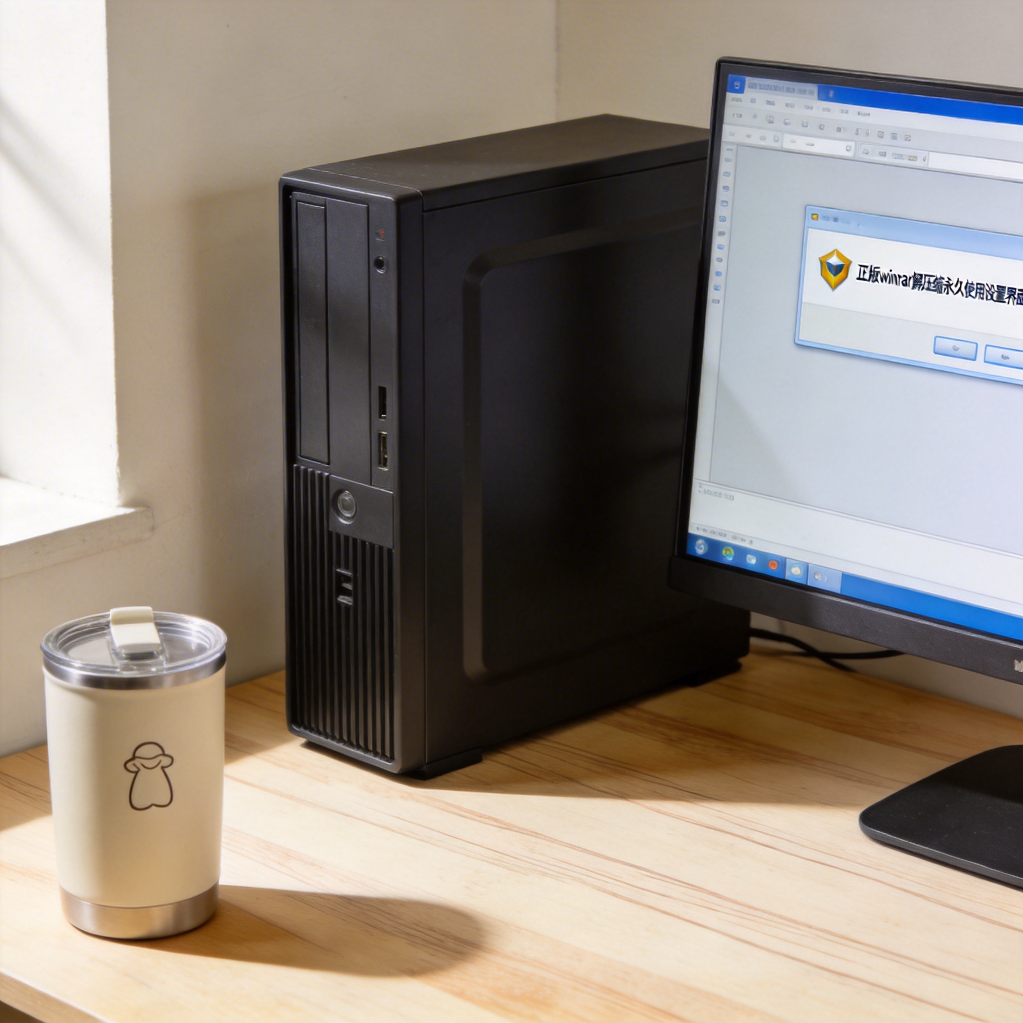 书桌上的主机，屏幕显示正版 winrar 解压缩永久使用设置界面，桌角放着水杯，自然光