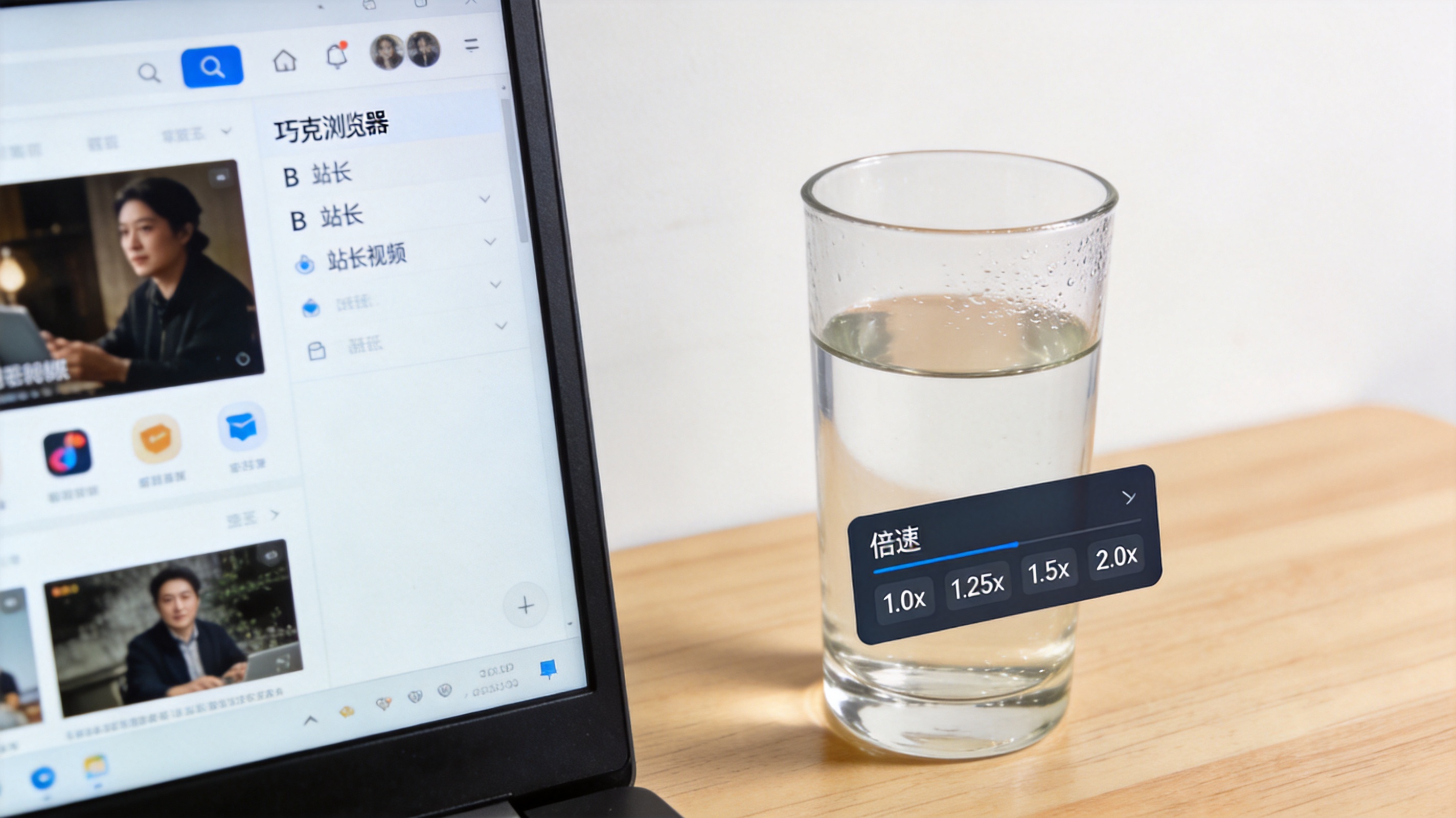 电脑桌面的显示器上显示夸克浏览器界面，正在播放B站长视频，右下角弹出倍速设置选项，桌面放着半杯温水，室内自然光