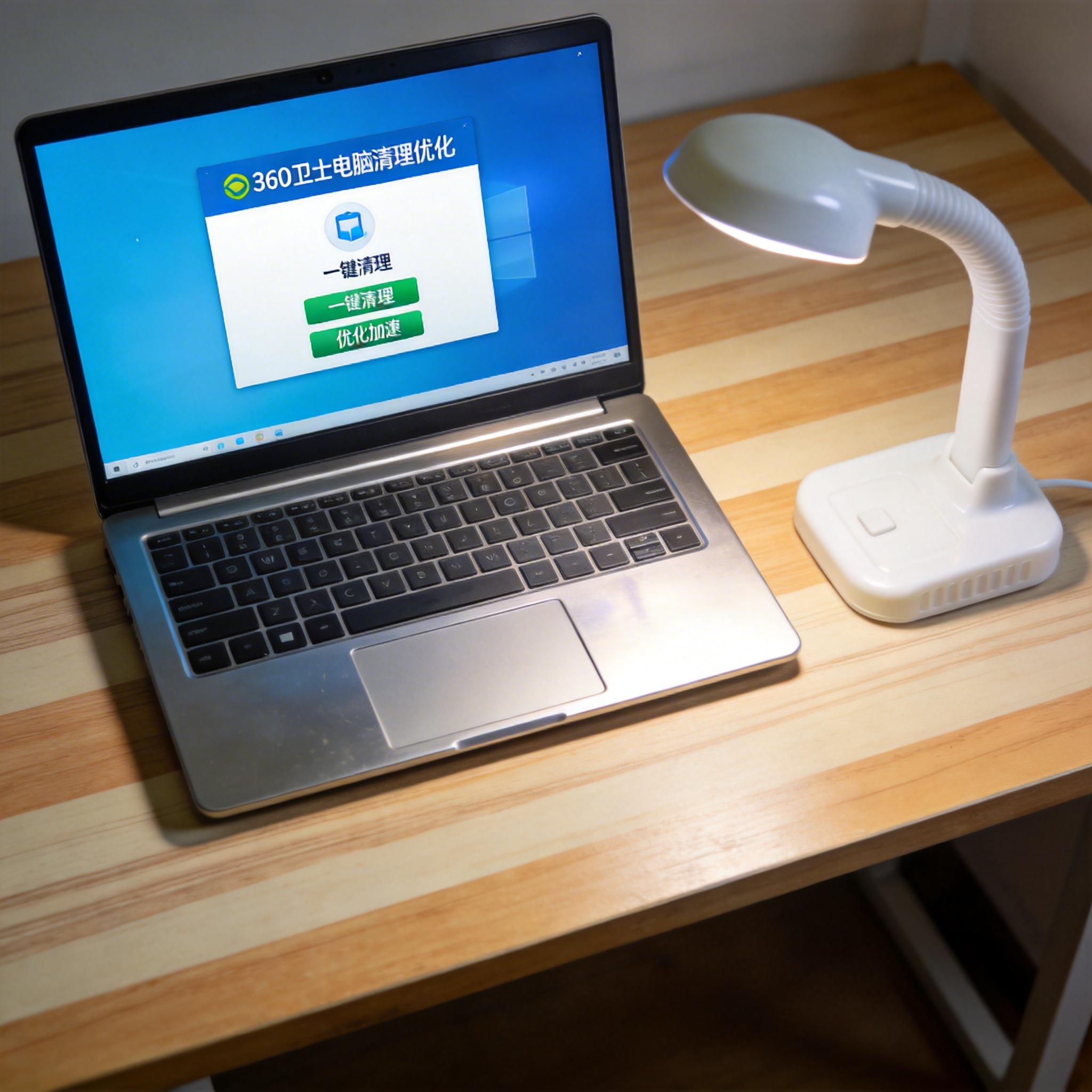 电脑桌上的电脑，屏幕显示360 卫士电脑清理优化界面，旁边放着台灯