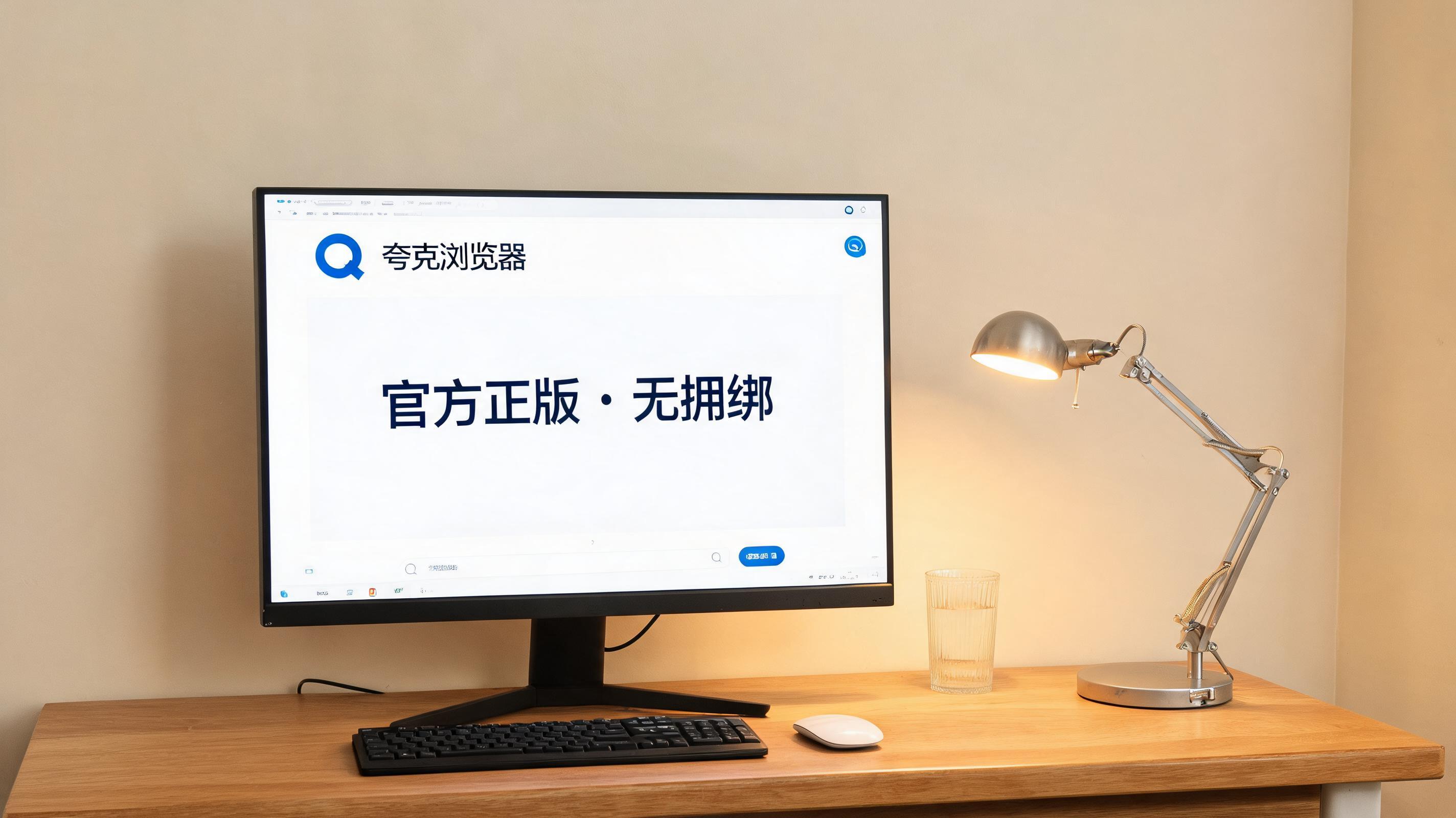 电脑桌上的电脑，屏幕显示夸克浏览器官方正版无捆绑桌面，旁边放着台灯