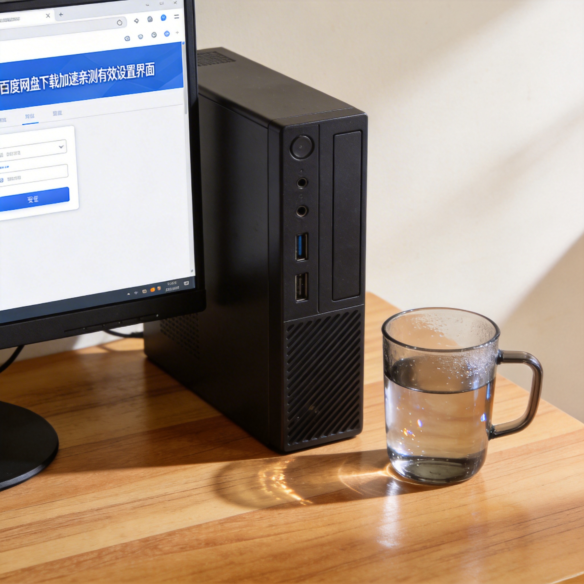 书桌上的主机，屏幕显示百度网盘下载加速亲测有效设置界面，桌角放着水杯，自然光