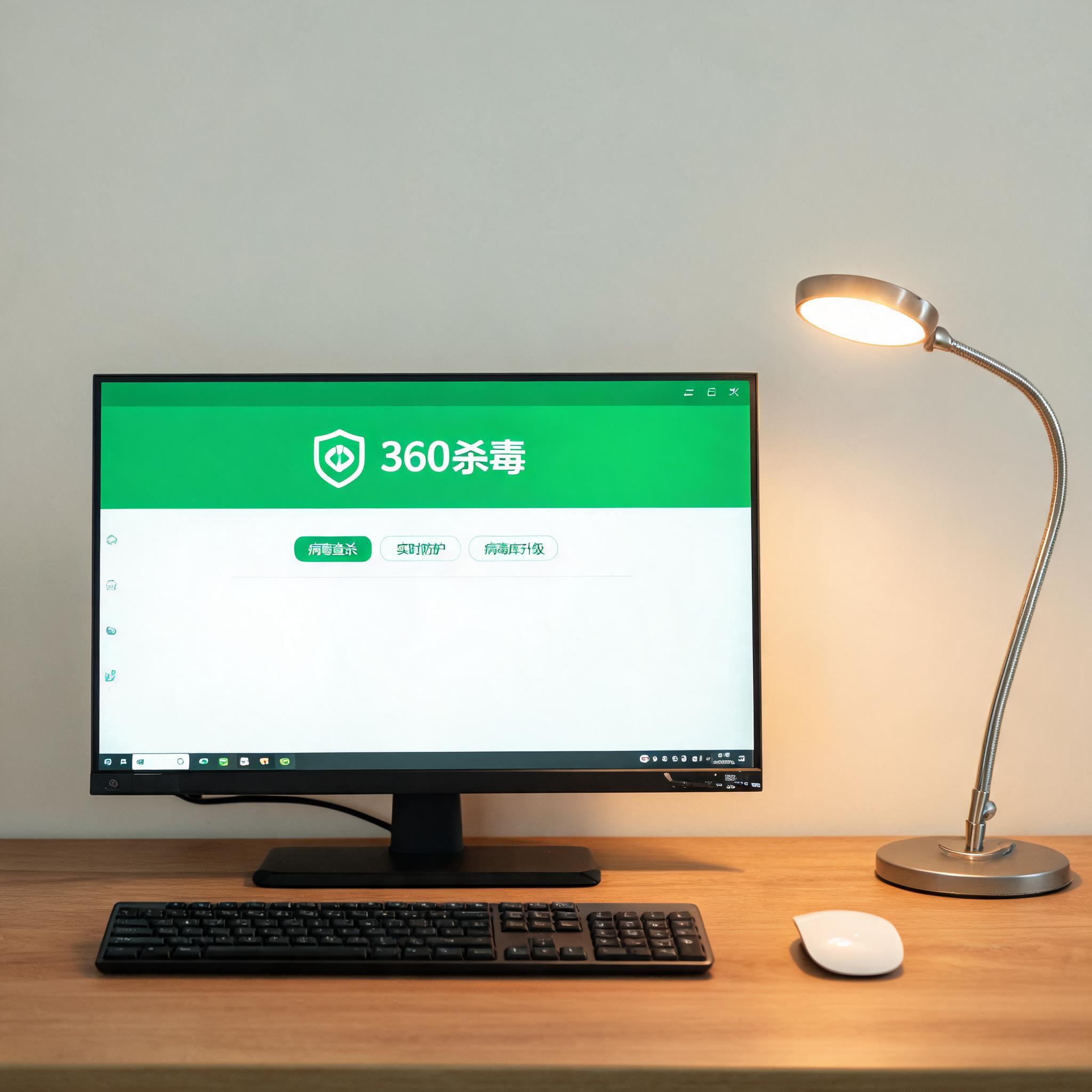 电脑桌上的电脑，屏幕显示360 杀毒电脑客户端界面，旁边放着台灯