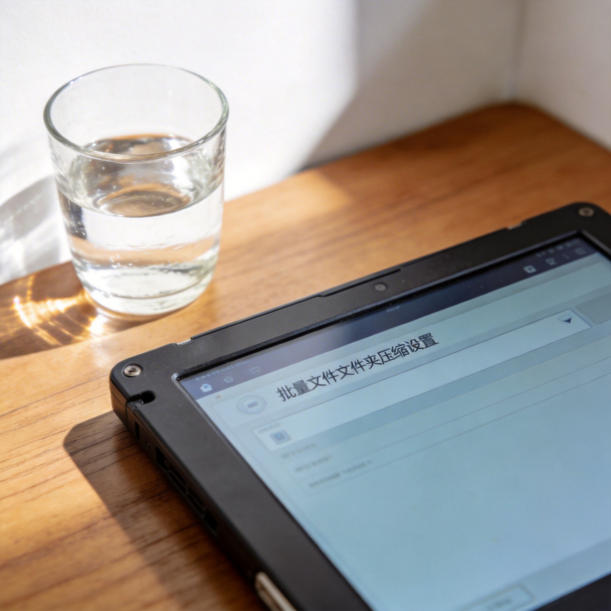 书桌上的硬盘，屏幕显示批量文件文件夹压缩设置界面，桌角放着水杯，自然光