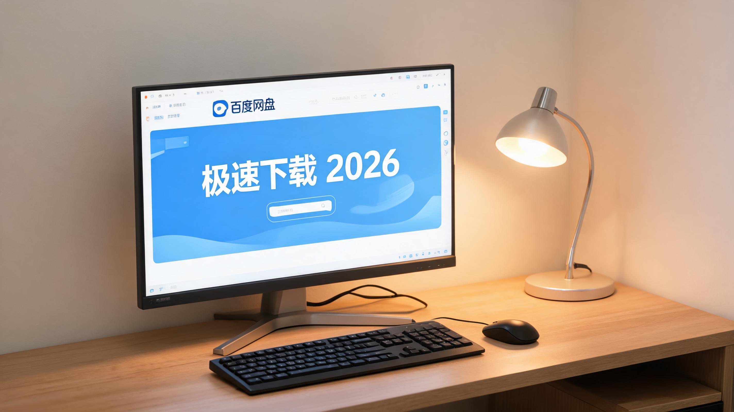 电脑桌上的电脑，屏幕显示百度网盘极速下载 2026界面，旁边放着台灯