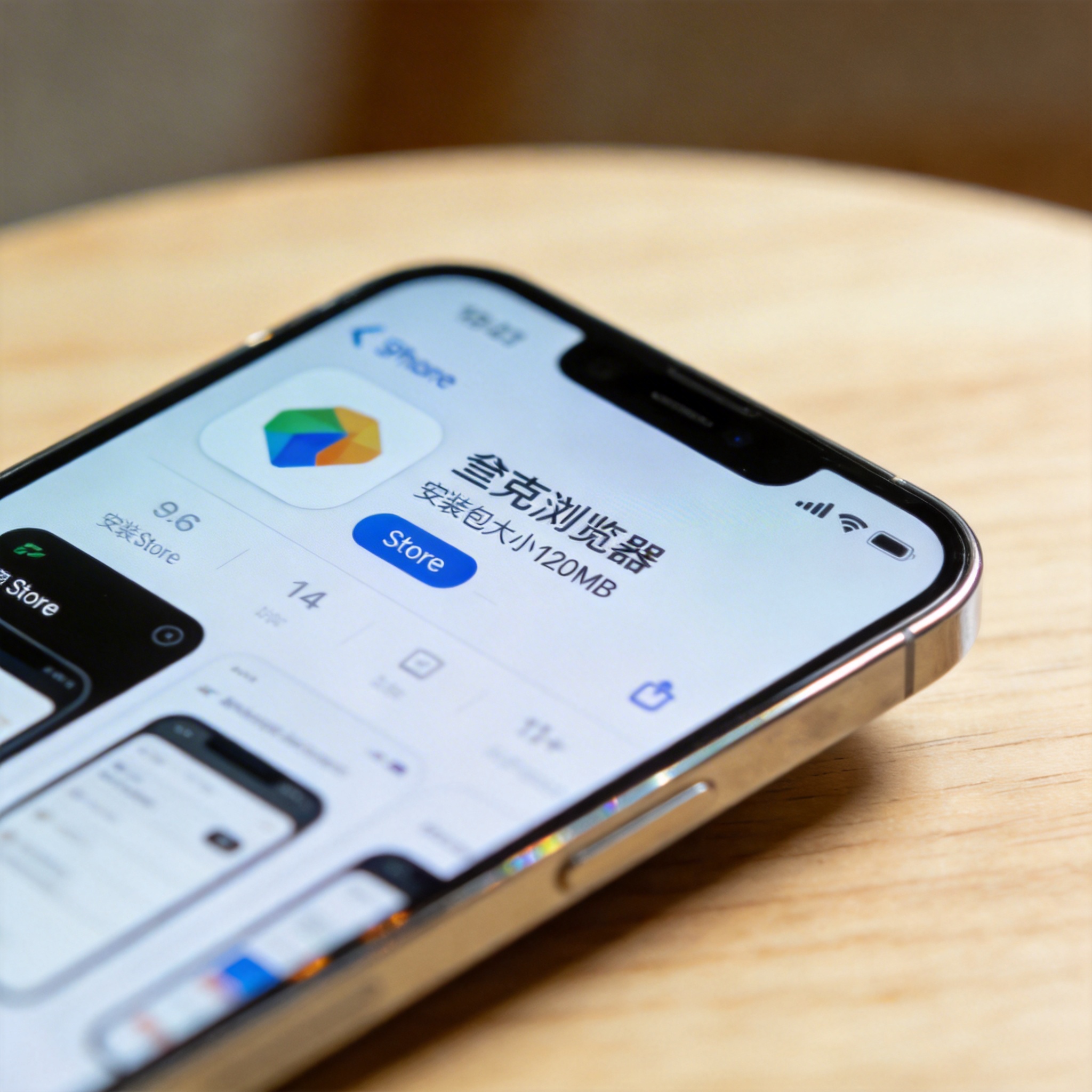桌面摆放的iPhone，屏幕显示App Store里夸克浏览器的下载界面，标注安装包大小120MB，室内自然光