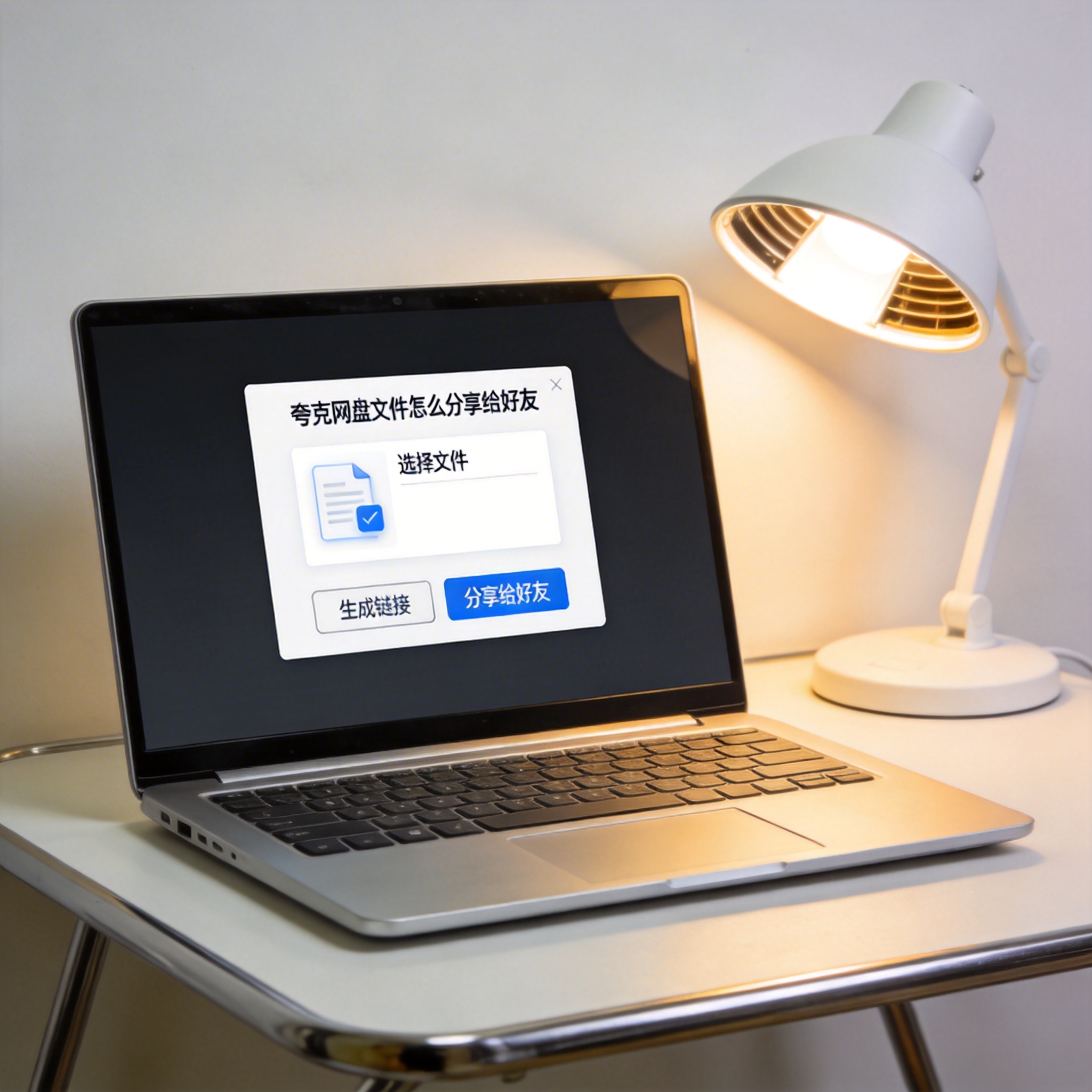 电脑桌上的电脑，屏幕显示夸克网盘文件怎么分享给好友界面，旁边放着台灯