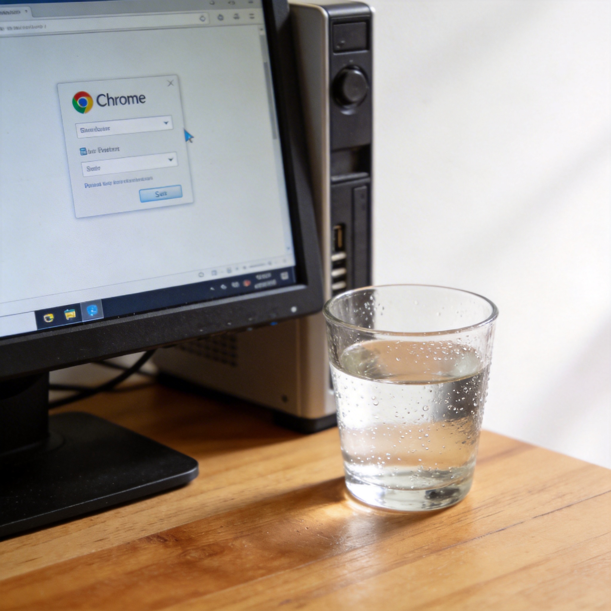 书桌上的主机，屏幕显示Chrome设置界面，桌角放着水杯，自然光