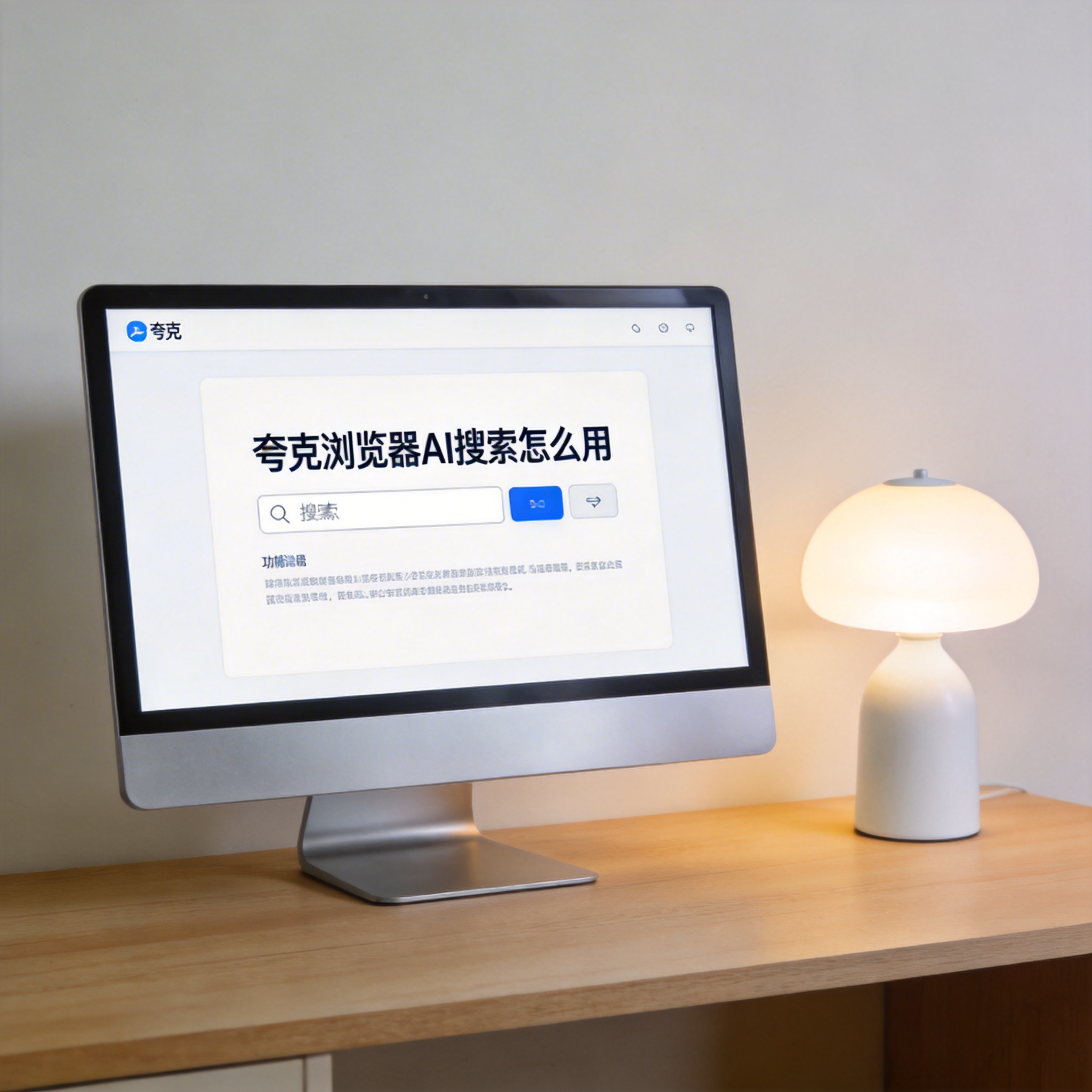 电脑桌上的电脑，屏幕显示夸克浏览器 AI 搜索怎么用界面，旁边放着台灯