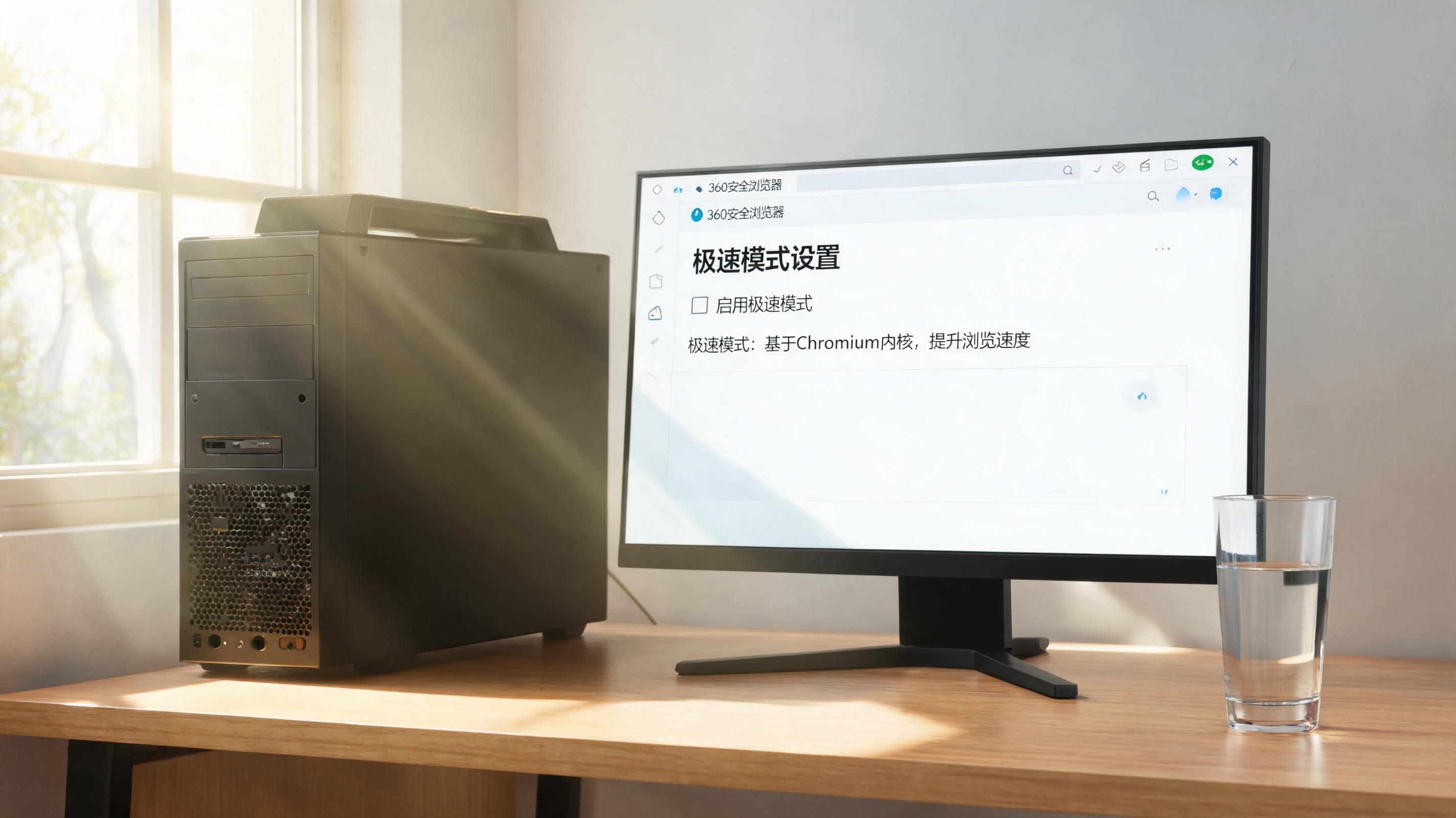书桌上的主机，屏幕显示360 安全浏览器极速模式设置界面，桌角放着水杯，自然光