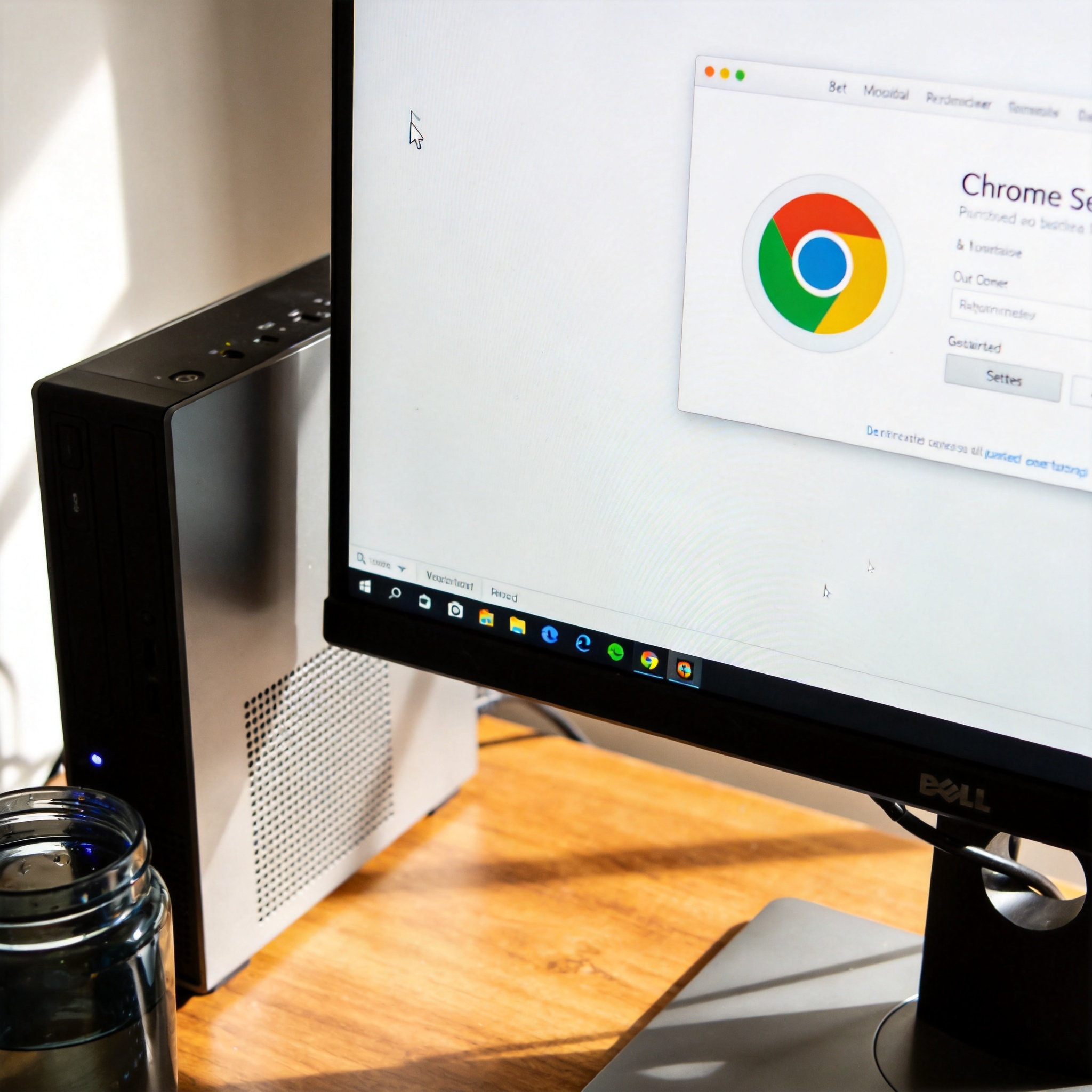 书桌上的主机，屏幕显示Chrome设置界面，桌角放着水杯，自然光