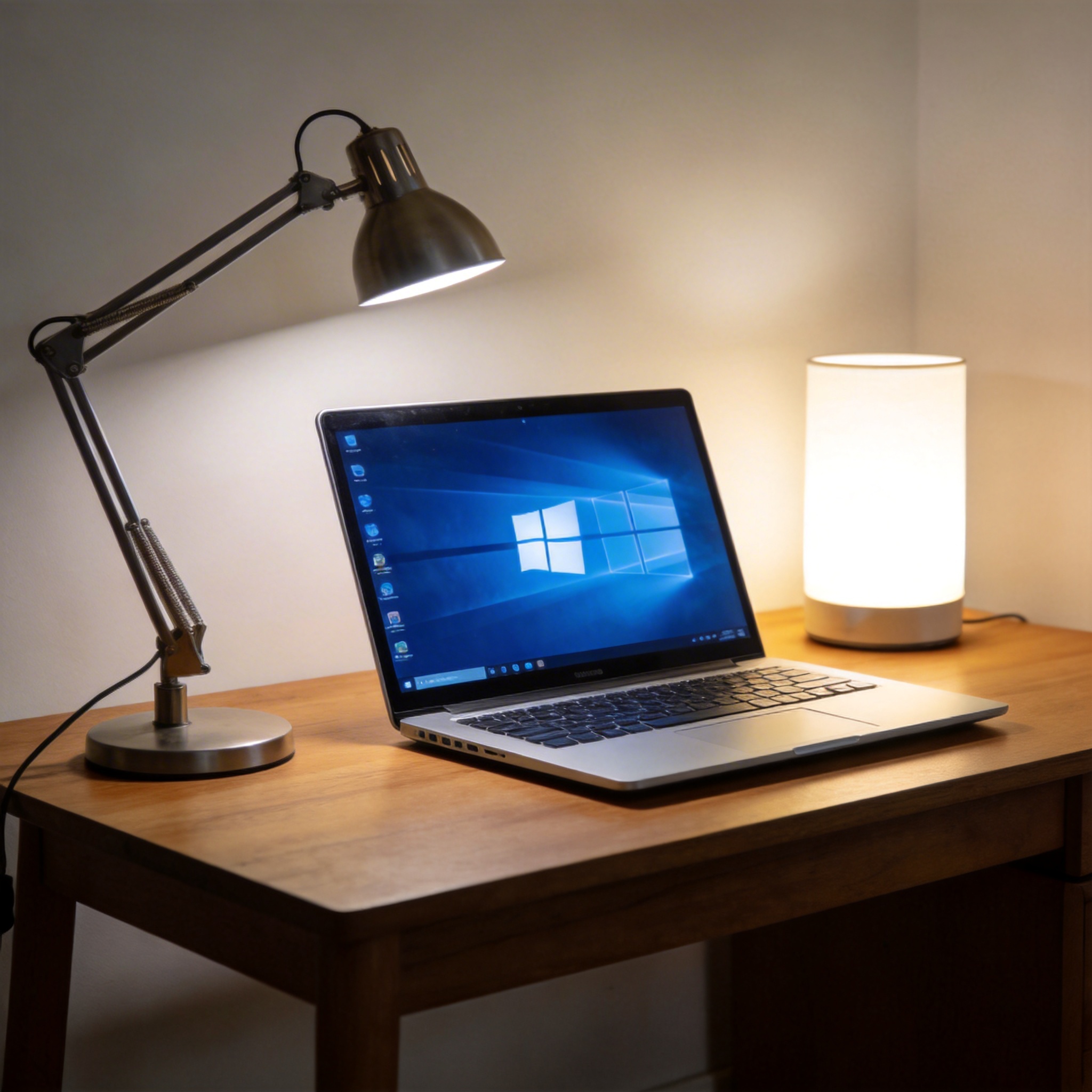 电脑桌上的电脑，屏幕显示Windows界面，旁边放着台灯