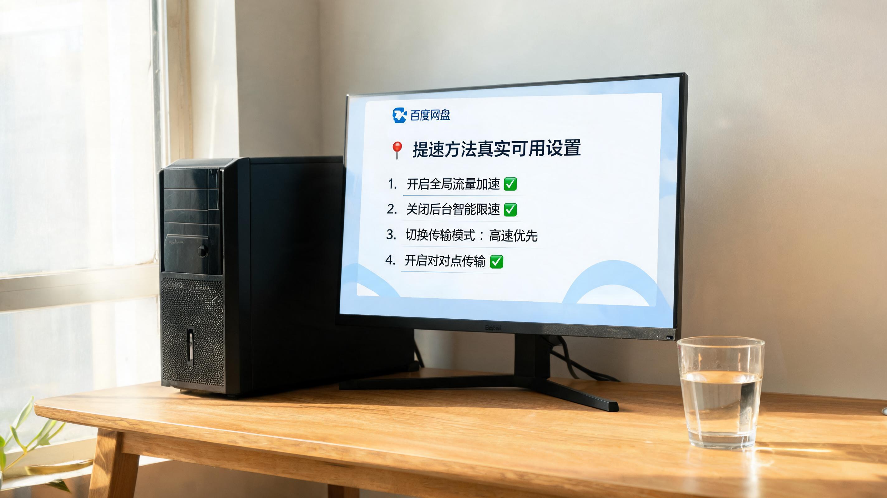 书桌上的主机，屏幕显示百度网盘提速方法真实可用设置界面，桌角放着水杯，自然光
