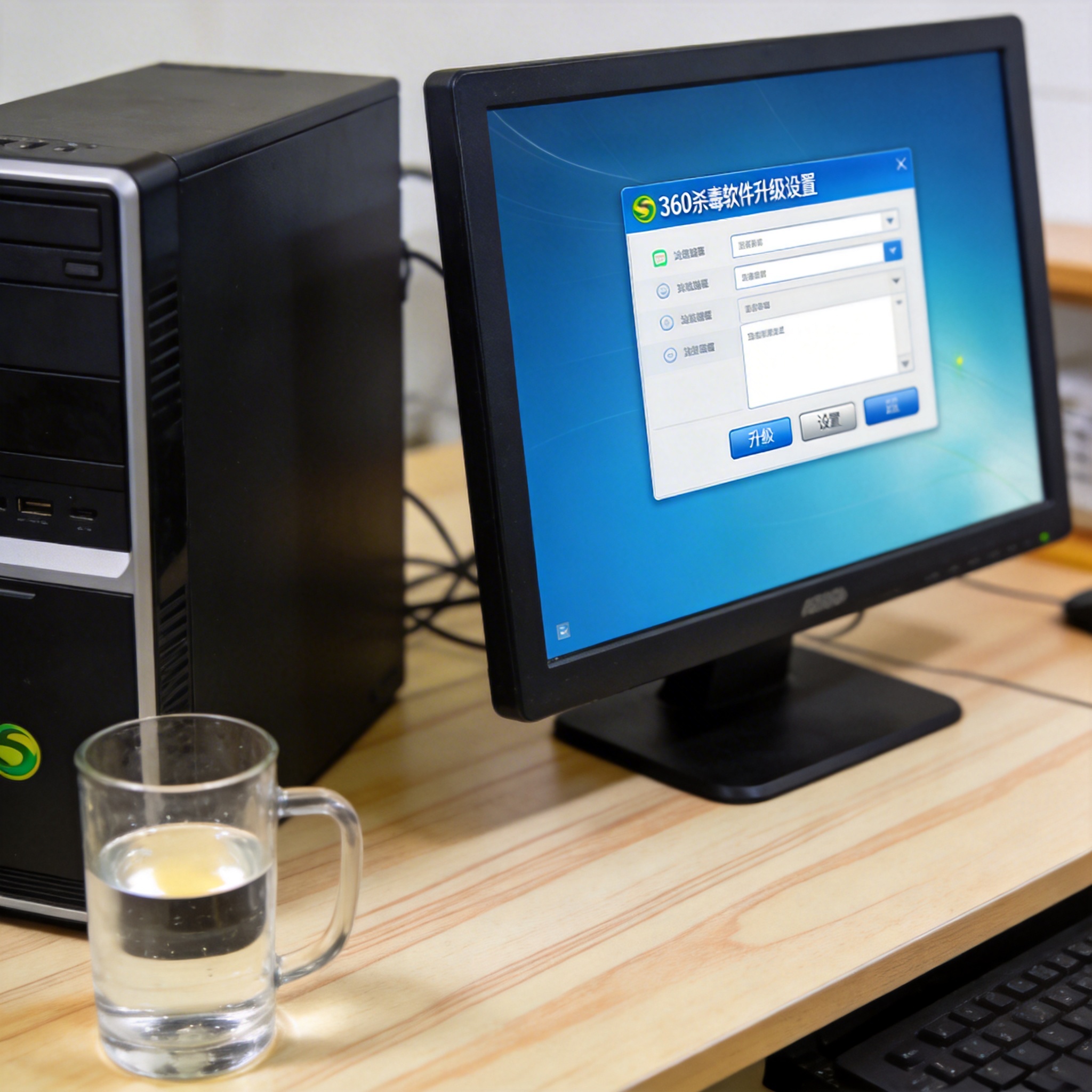 书桌上的主机，屏幕显示360 杀毒软件如何升级设置界面，桌角放着水杯，自然光