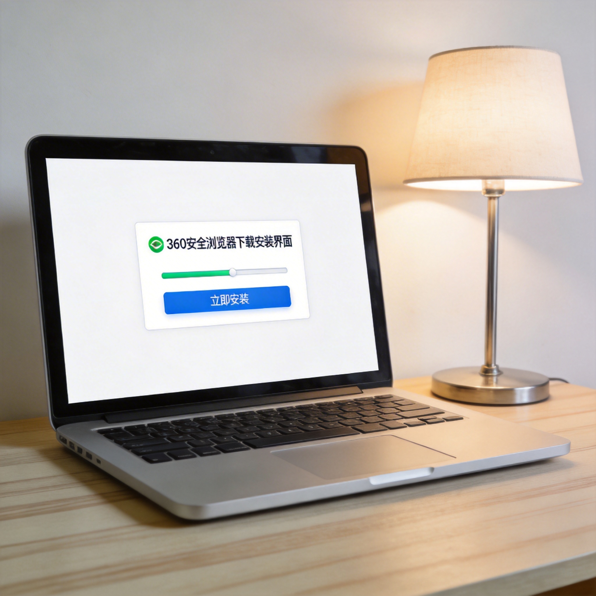 电脑桌上的电脑，屏幕显示360安全浏览器下载安装界面，旁边放着台灯