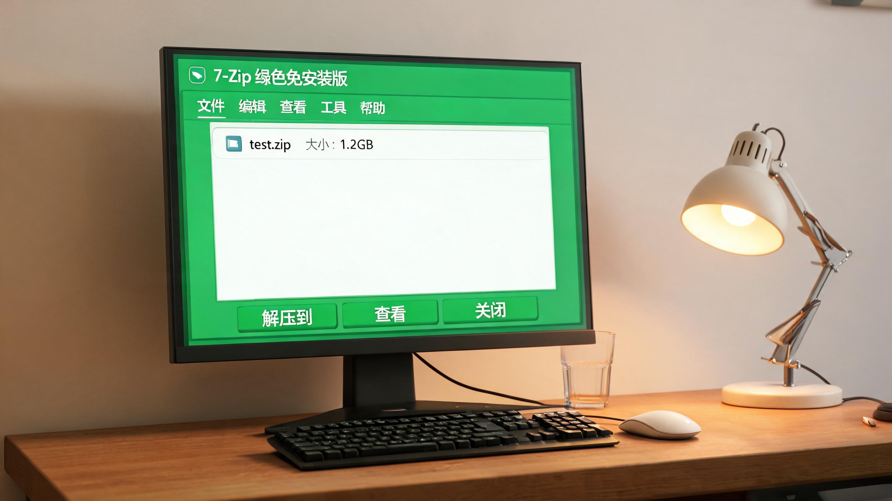 电脑桌上的电脑，屏幕显示绿色版解压缩工具免安装界面，旁边放着台灯