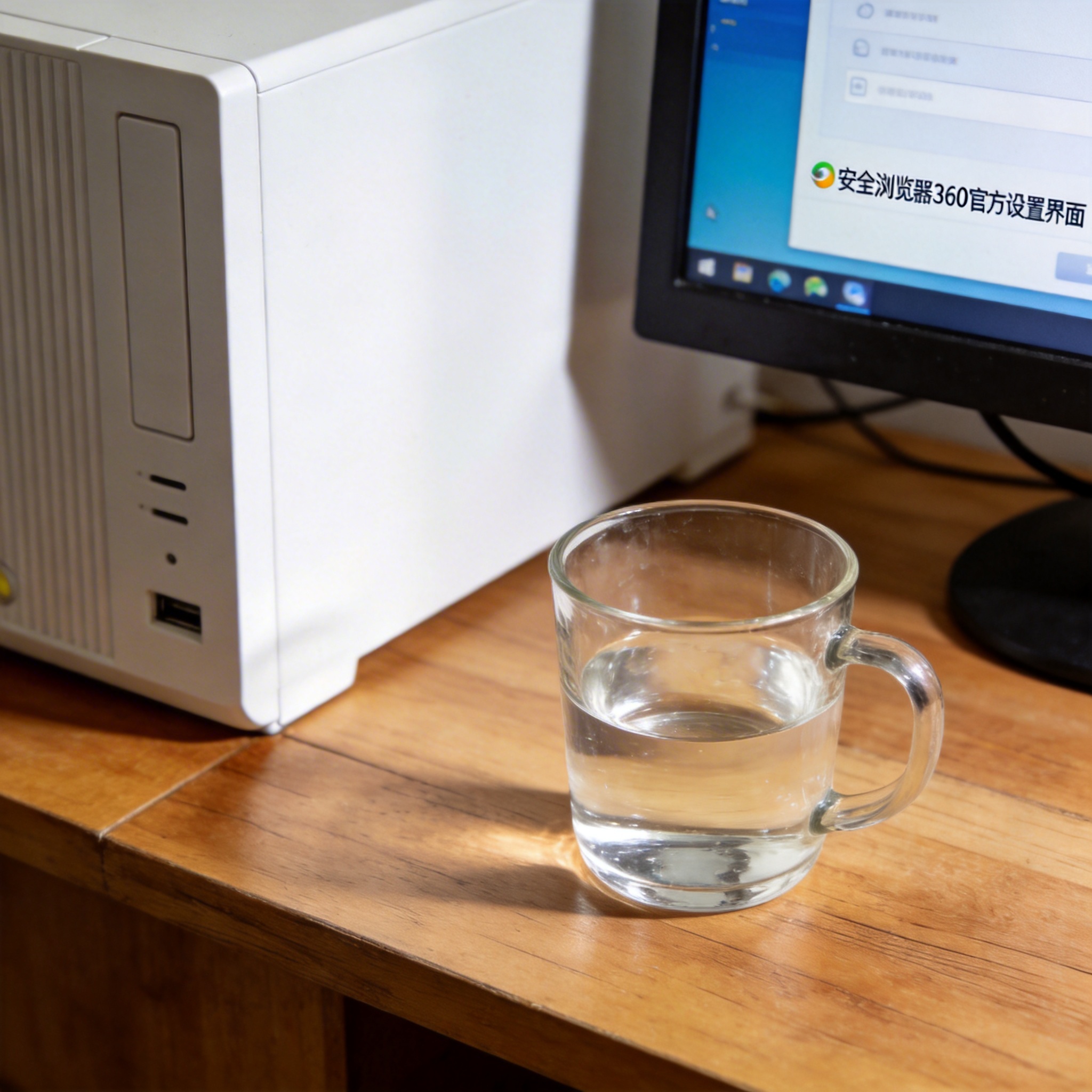 书桌上的主机，屏幕显示安全浏览器 360 官方设置界面，桌角放着水杯，自然光