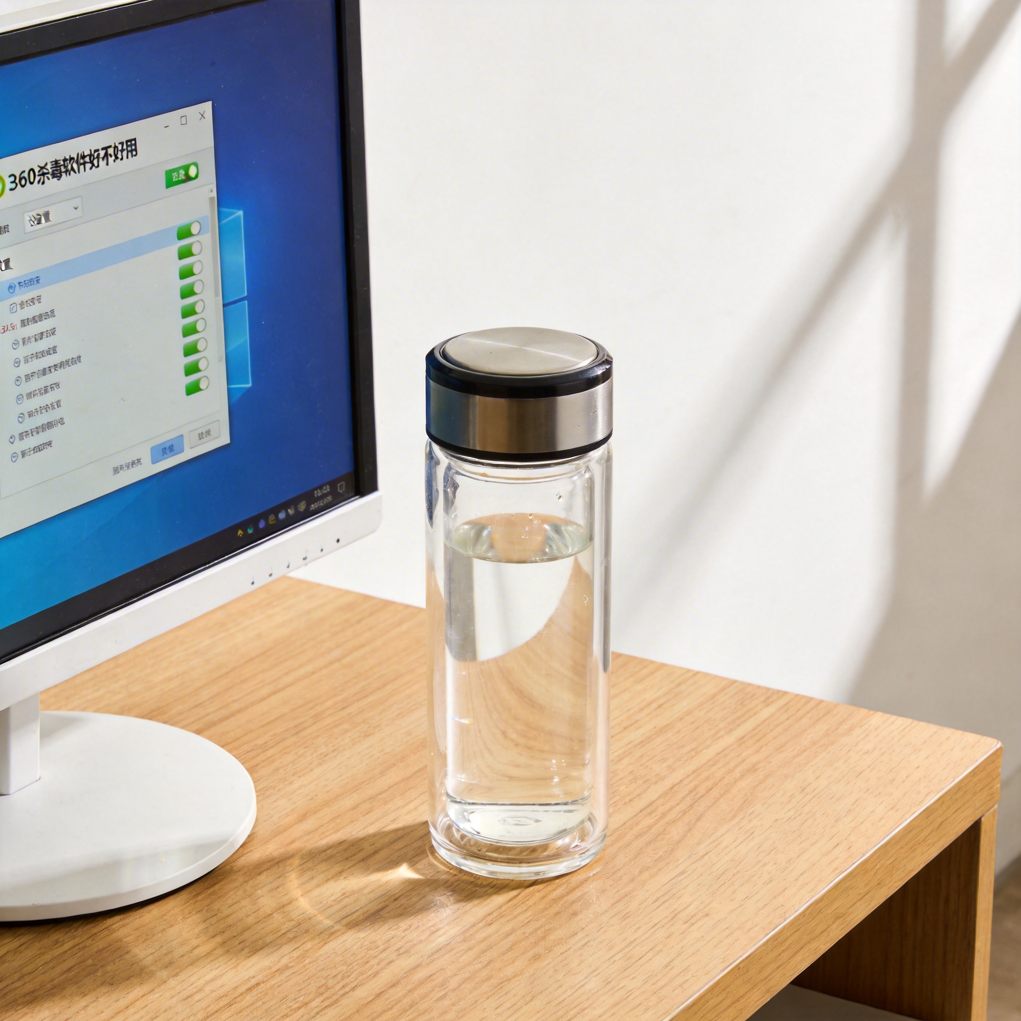 书桌上的主机，屏幕显示360 杀毒软件好不好用设置界面，桌角放着水杯，自然光