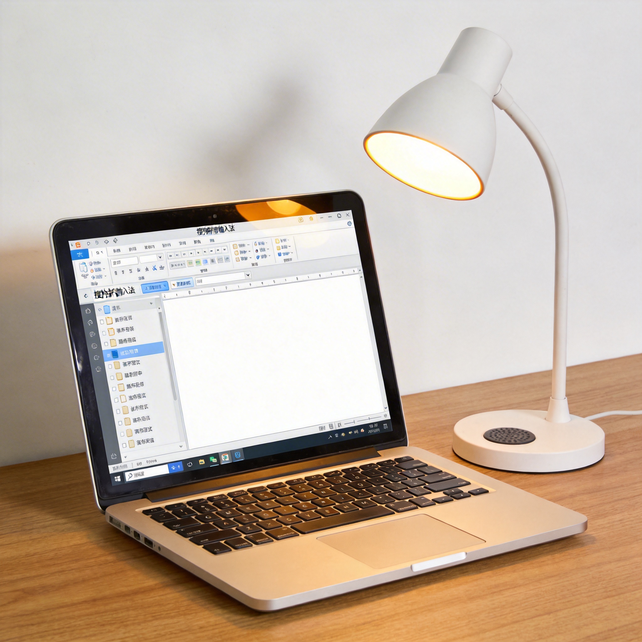 电脑桌上的电脑，屏幕显示搜狗拼音界面，旁边放着台灯