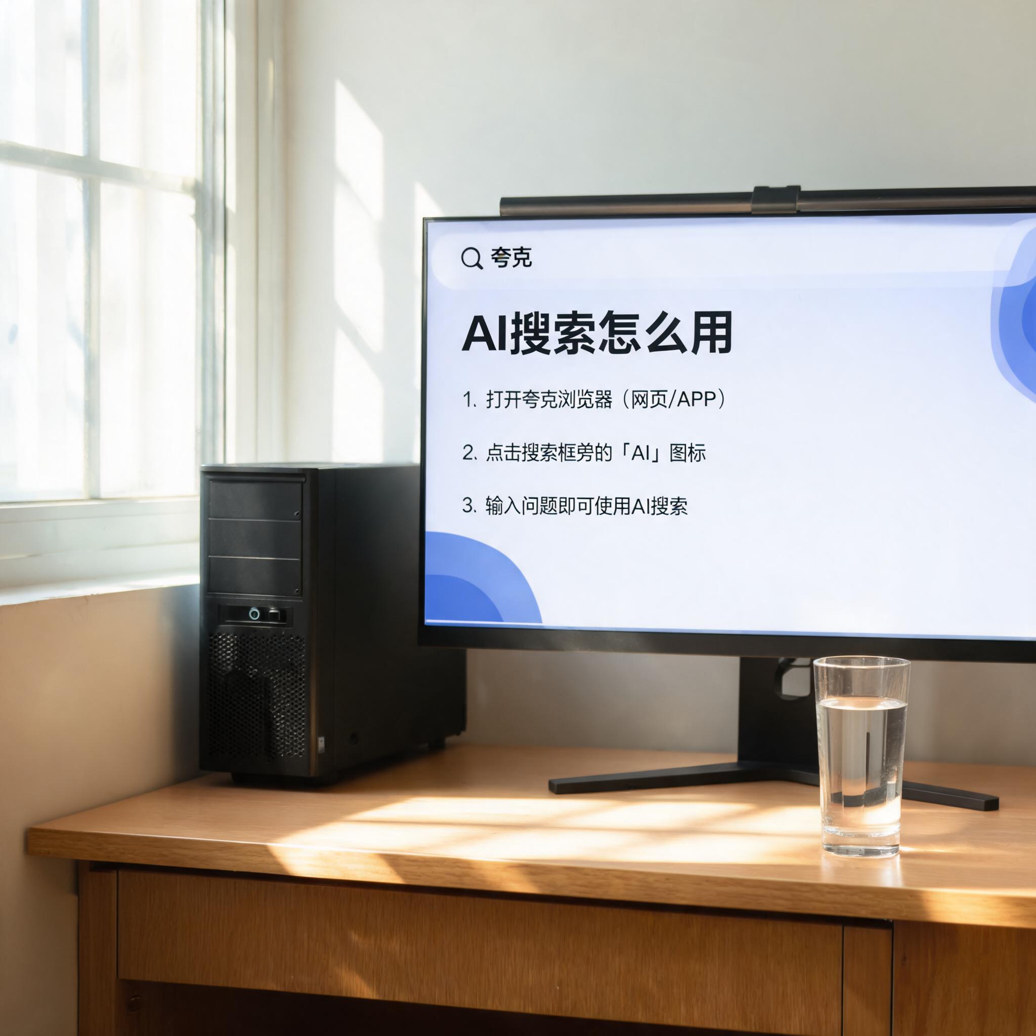 书桌上的主机，屏幕显示夸克浏览器 AI 搜索怎么用设置界面，桌角放着水杯，自然光