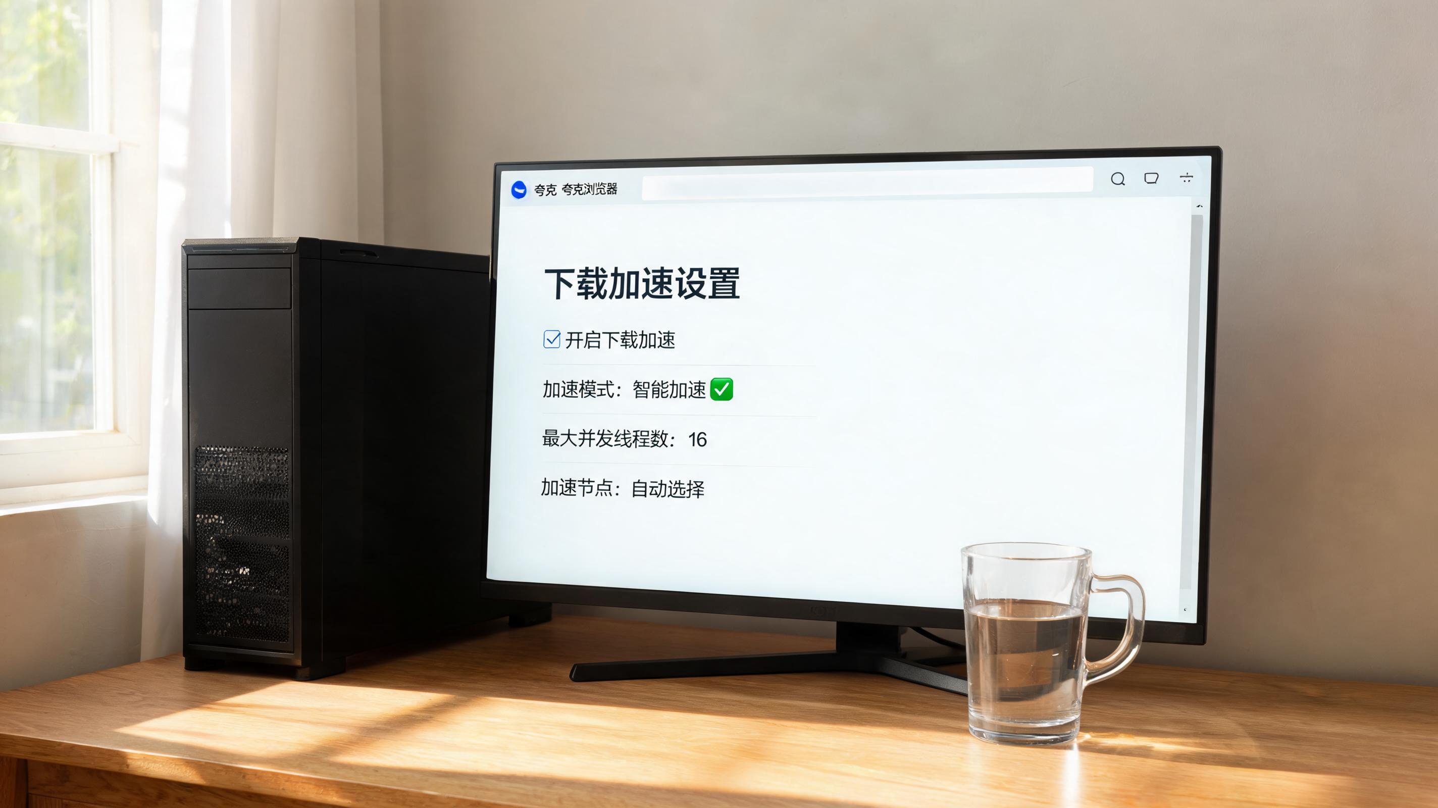 书桌上的主机，屏幕显示夸克浏览器文件下载加速设置界面，桌角放着水杯，自然光