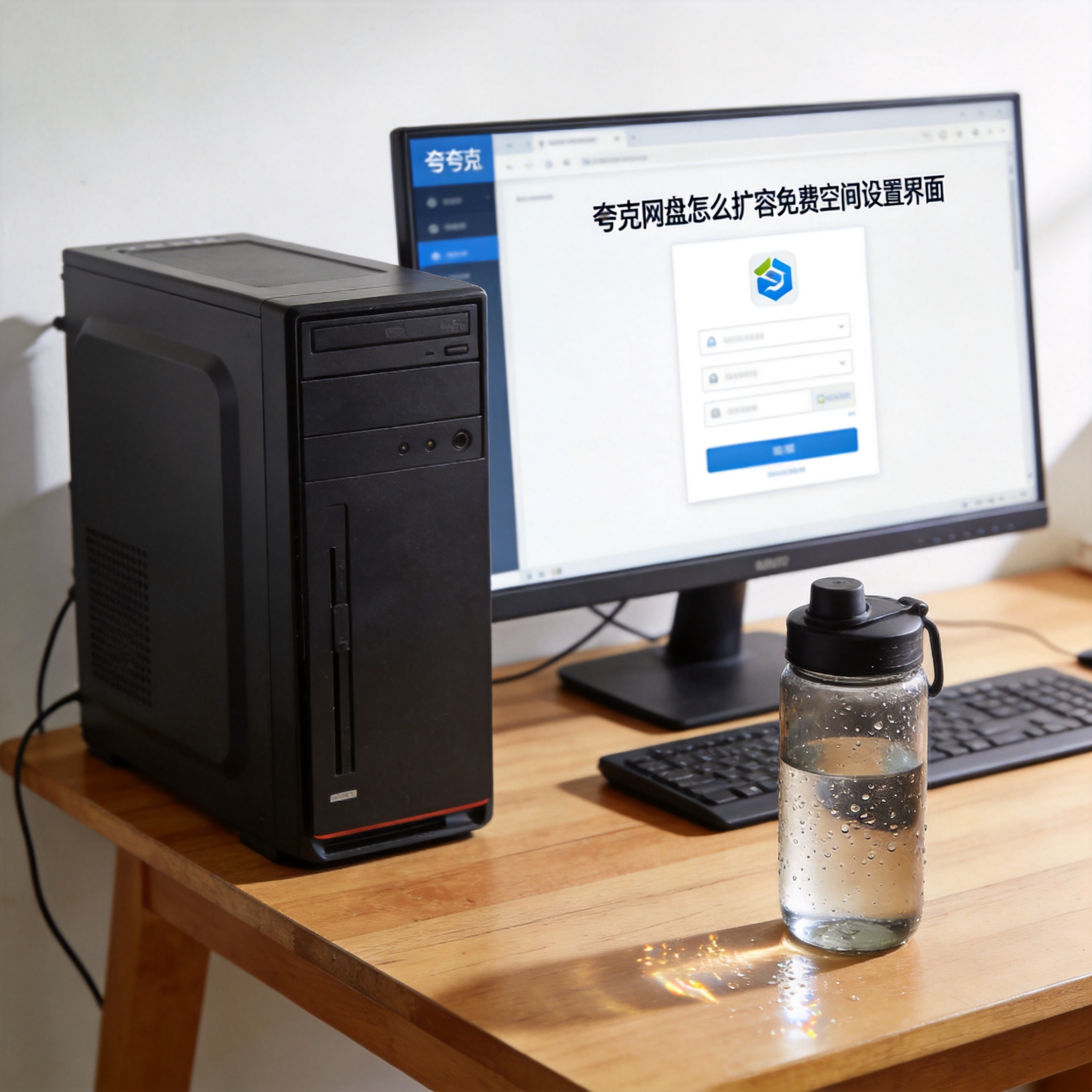 书桌上的主机，屏幕显示夸克网盘怎么扩容免费空间设置界面，桌角放着水杯，自然光