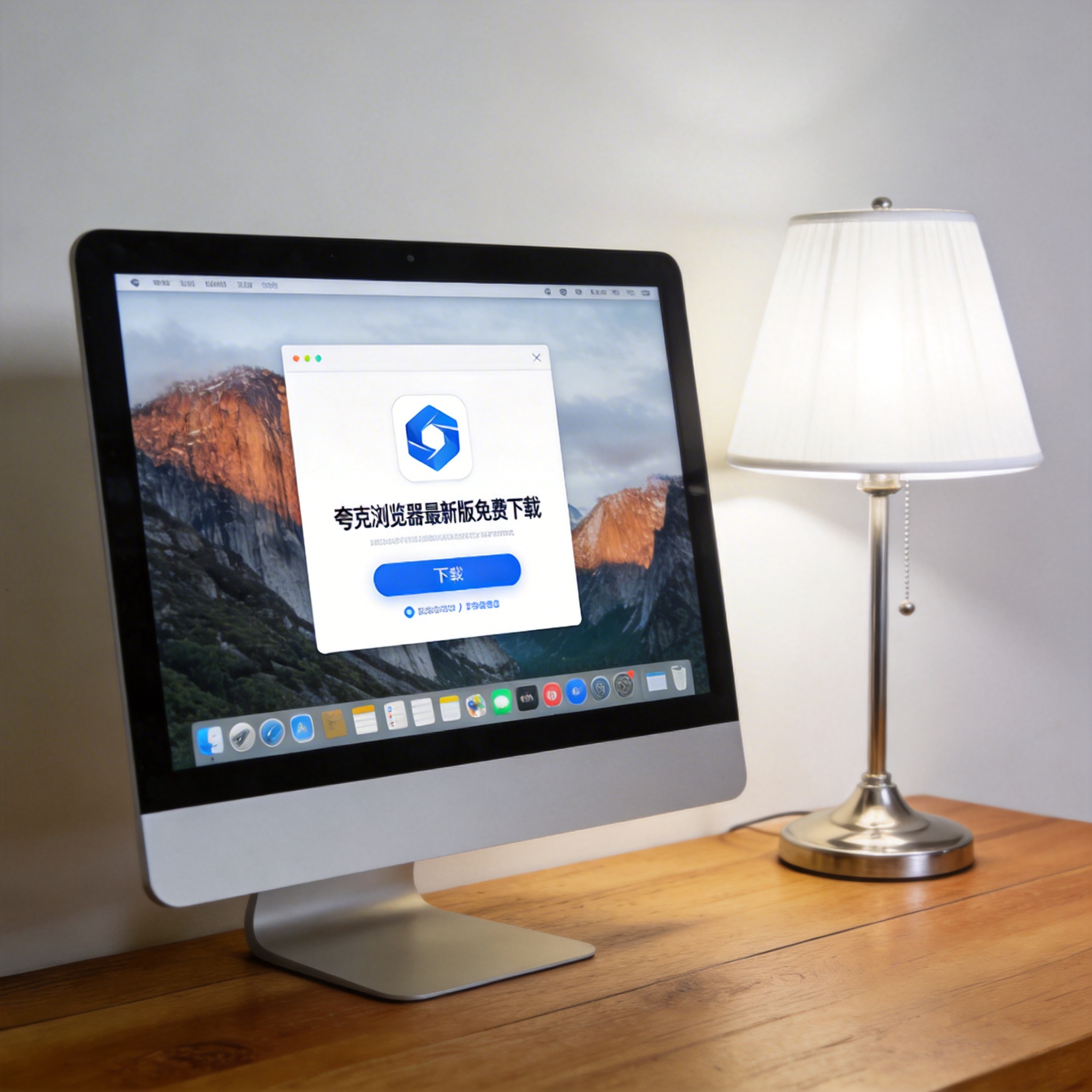 电脑桌上的电脑，屏幕显示夸克浏览器最新版免费下载界面，旁边放着台灯