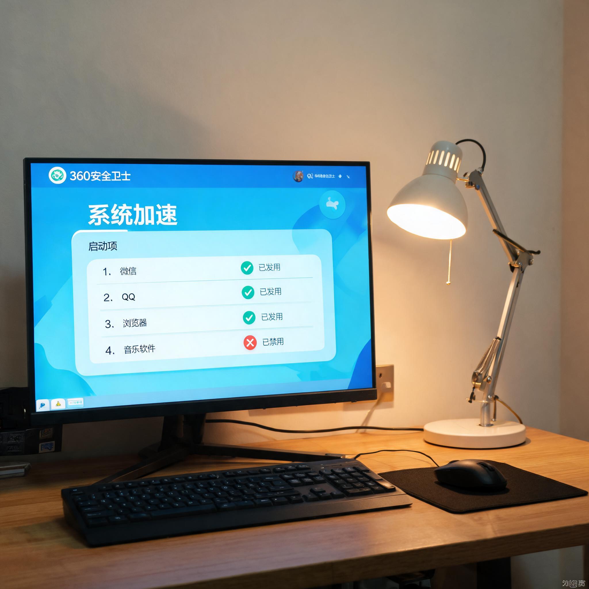 电脑桌上的电脑，屏幕显示360 安全卫士系统加速启动项，旁边放着台灯