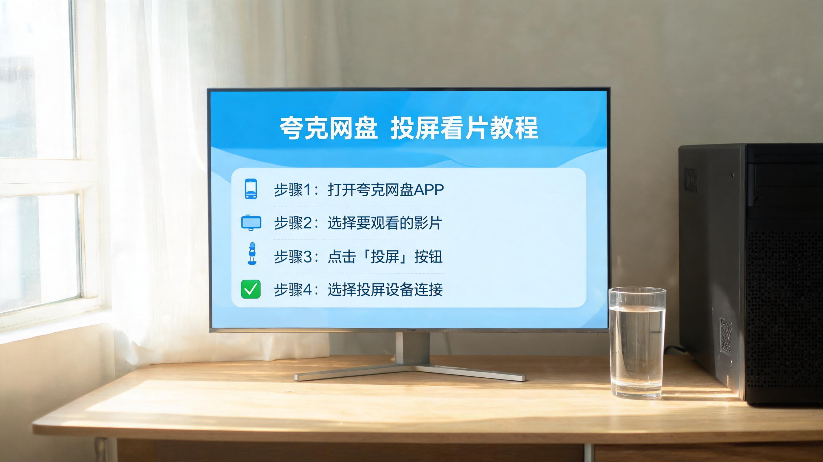 书桌上的主机，屏幕显示夸克网盘投屏看片教程设置界面，桌角放着水杯，自然光