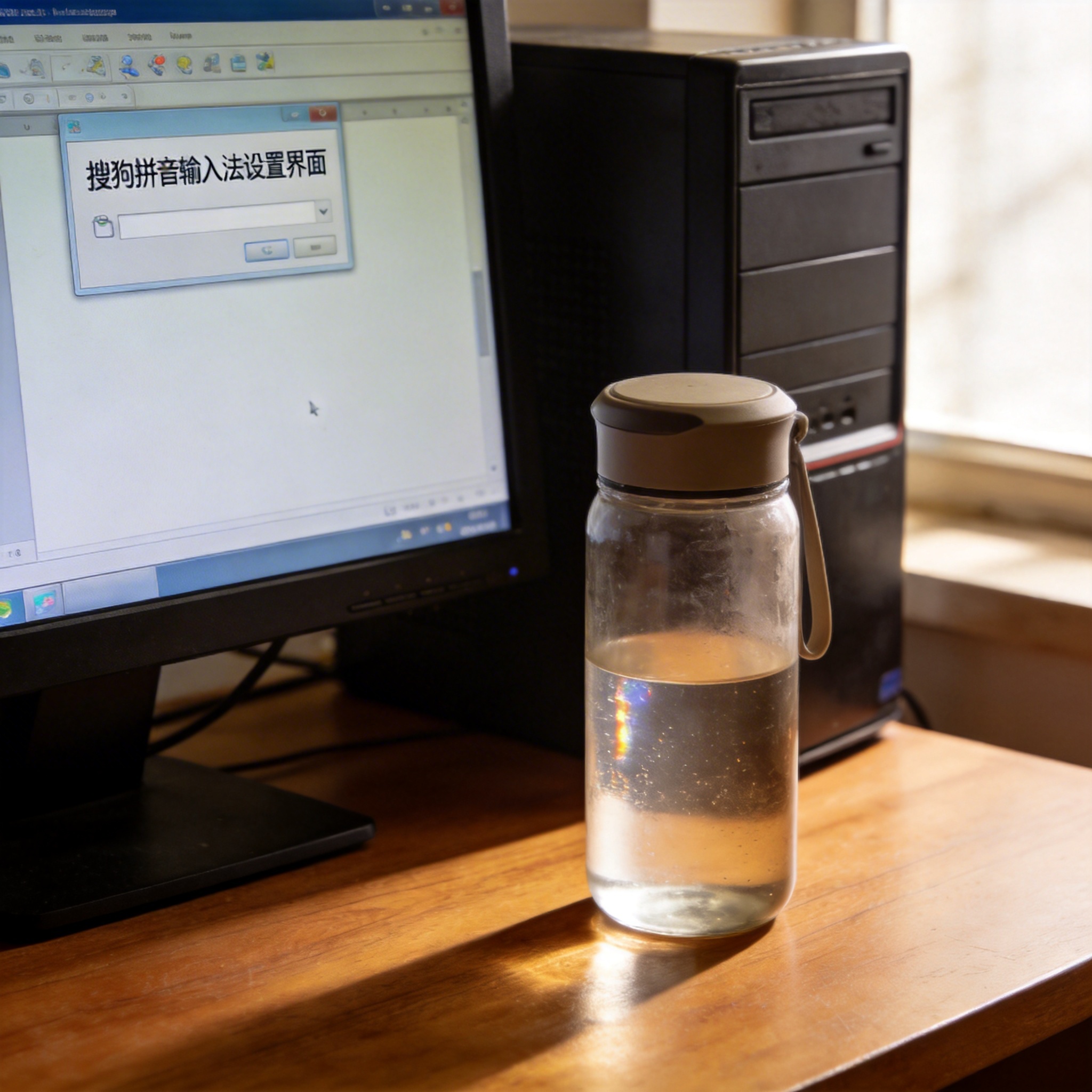 书桌上的主机，屏幕显示搜狗拼音输入法怎么设置设置界面，桌角放着水杯，自然光