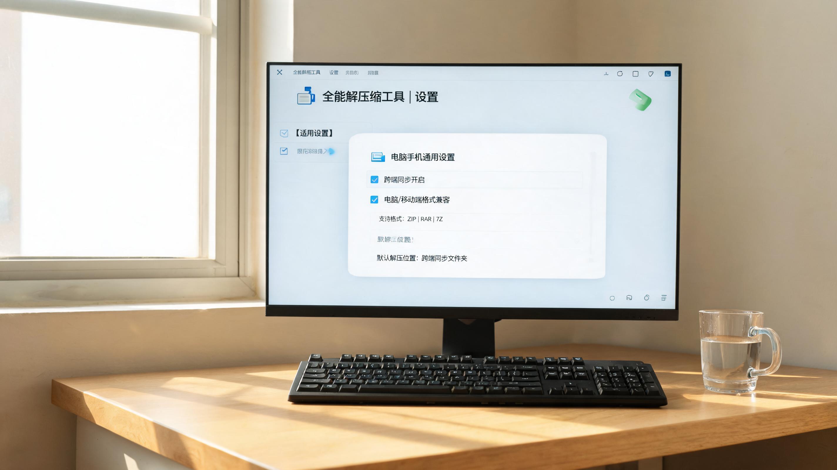 书桌上的键盘，屏幕显示电脑手机通用解压缩工具设置界面，桌角放着水杯，自然光
