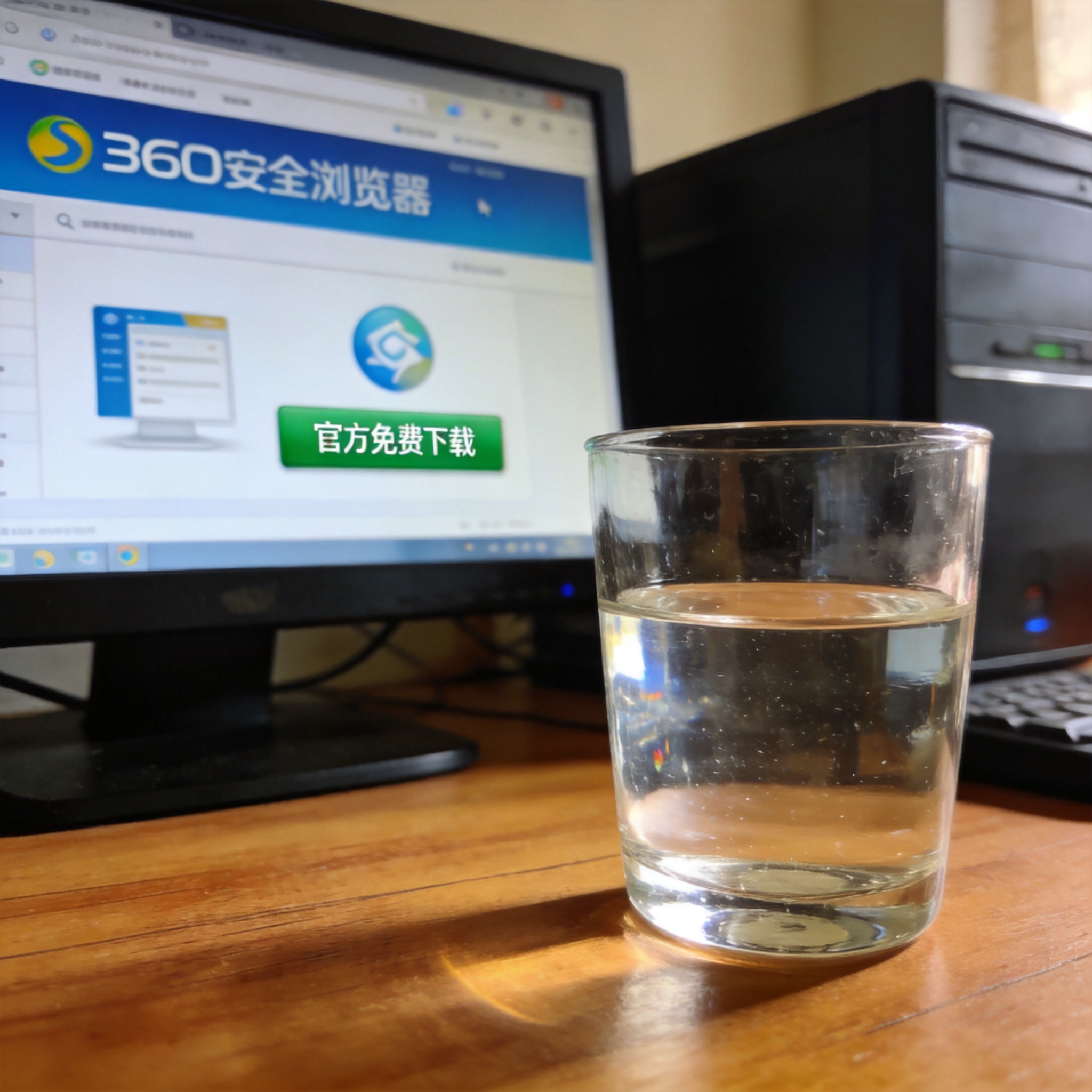 电脑桌的台式机屏幕显示360安全浏览器官网页面，页面上有“官方免费下载”按钮，旁边放着半杯凉白开，室内自然光