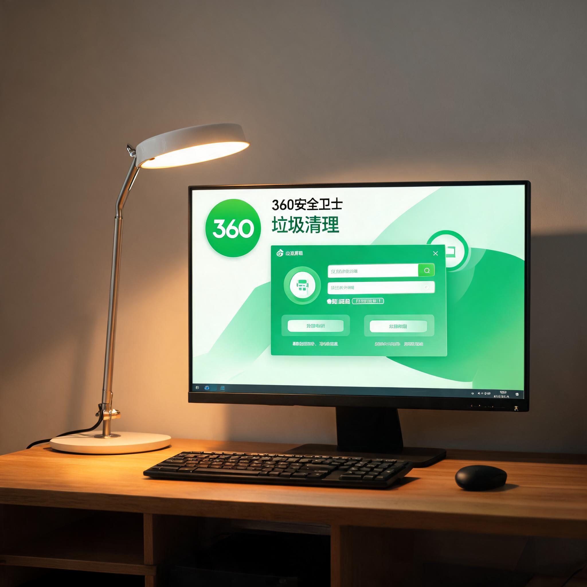 电脑桌上的电脑，屏幕显示360 安全卫士垃圾清理桌面，旁边放着台灯