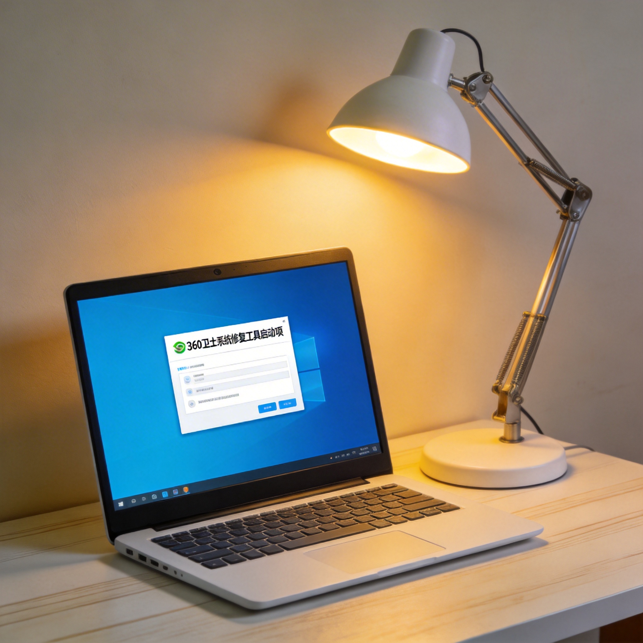 电脑桌上的电脑，屏幕显示360 卫士系统修复工具启动项，旁边放着台灯
