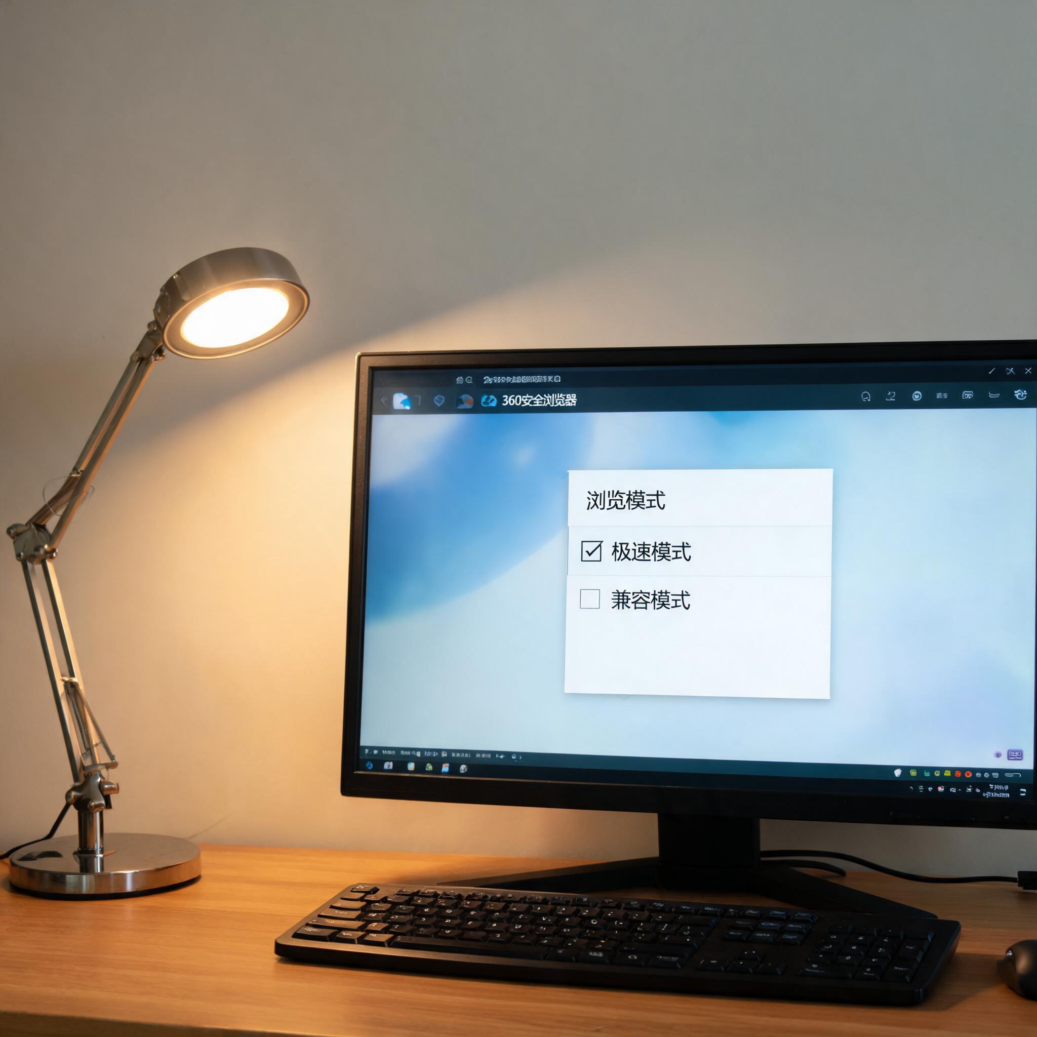电脑桌上的电脑，屏幕显示360 安全浏览器极速模式菜单，旁边放着台灯