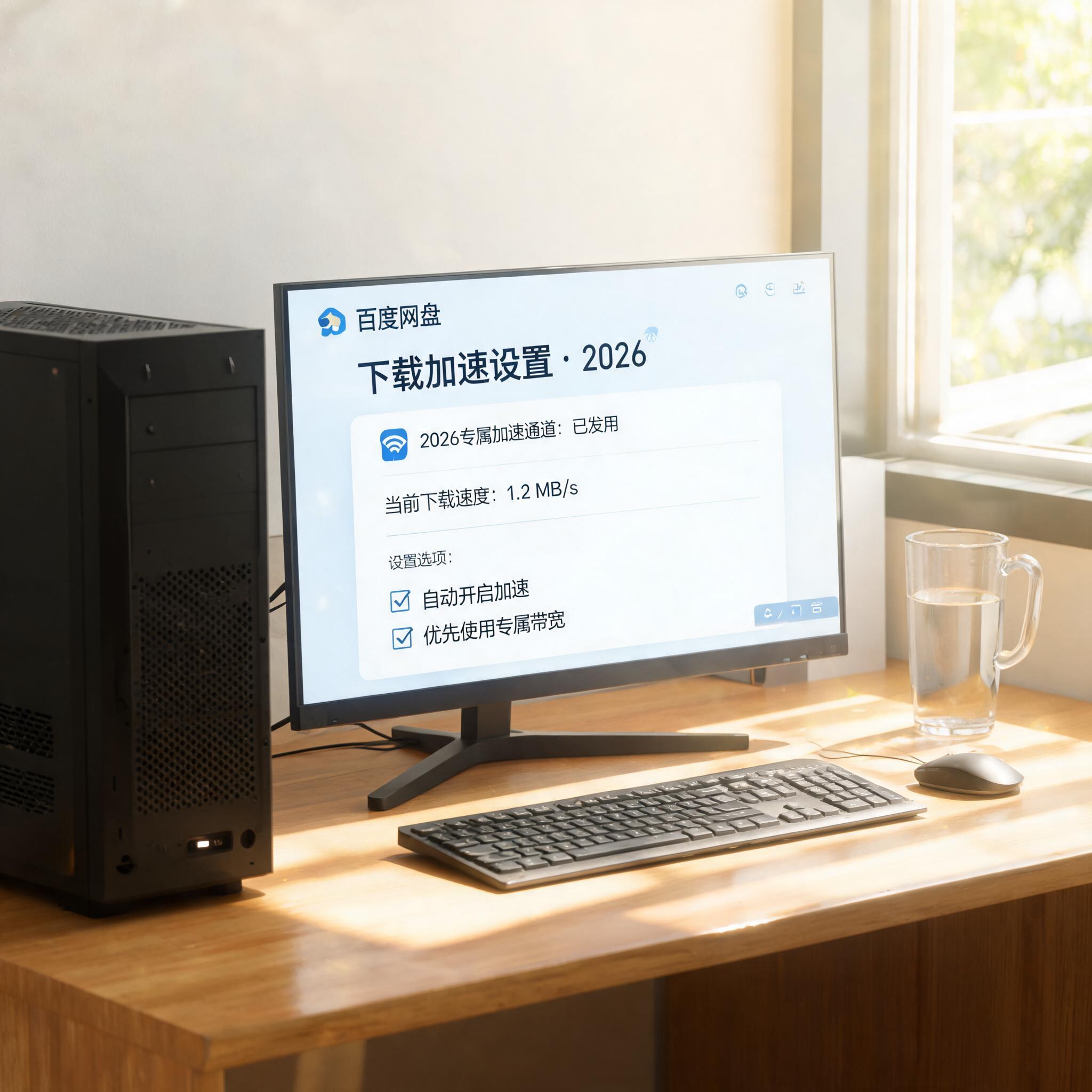 书桌上的主机，屏幕显示百度网盘下载加速 2026设置界面，桌角放着水杯，自然光