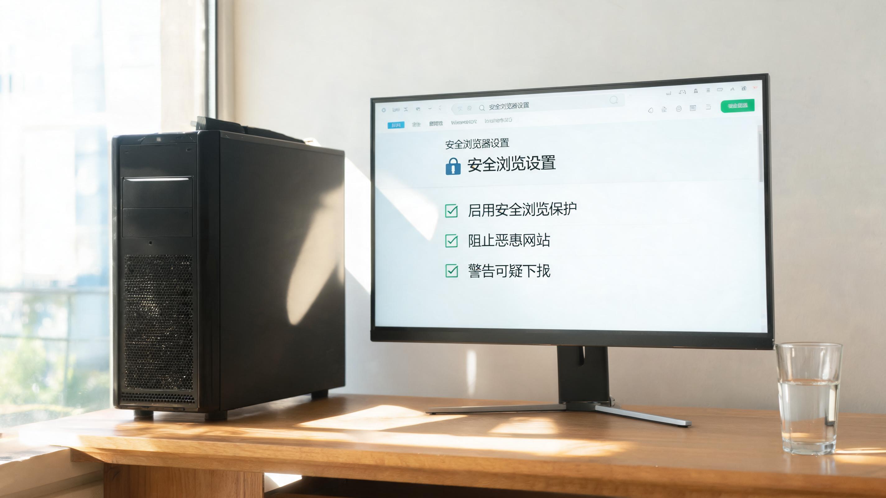 书桌上的主机，屏幕显示安全浏览器设置界面，桌角放着水杯，自然光